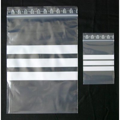 LDPE-Druckverschlußbeutel, Format: 70 x 100 mm (B x H bis zum Verschluß), 50 my Stärke, transparent, unbedruckt, mit 3 weißen Schreibfeldern - Ausverkauf