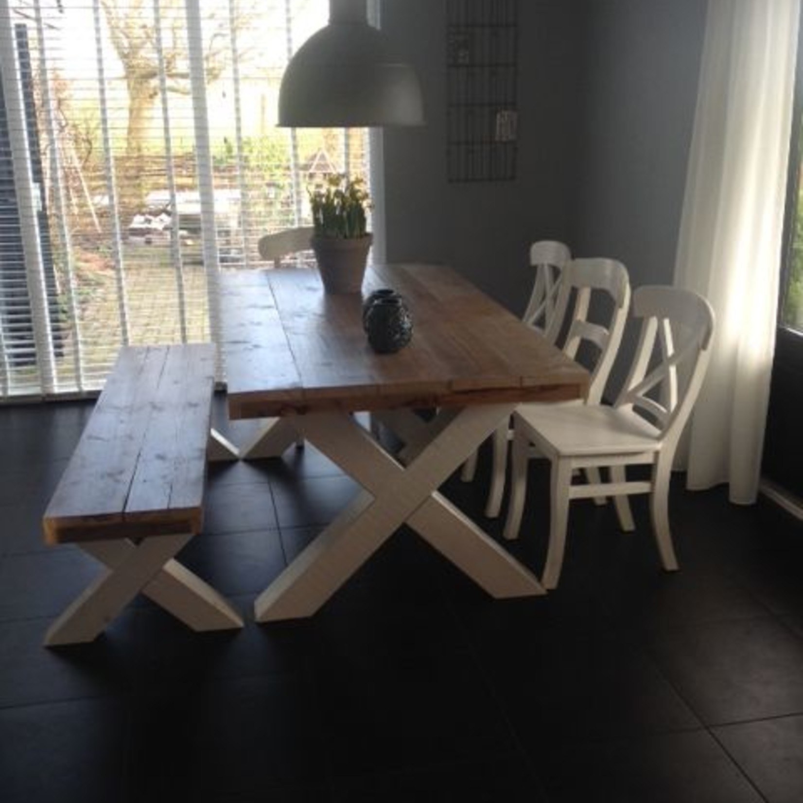 Eetkamertafel 70 cm breed tot 300 cm lang, Houten X poten