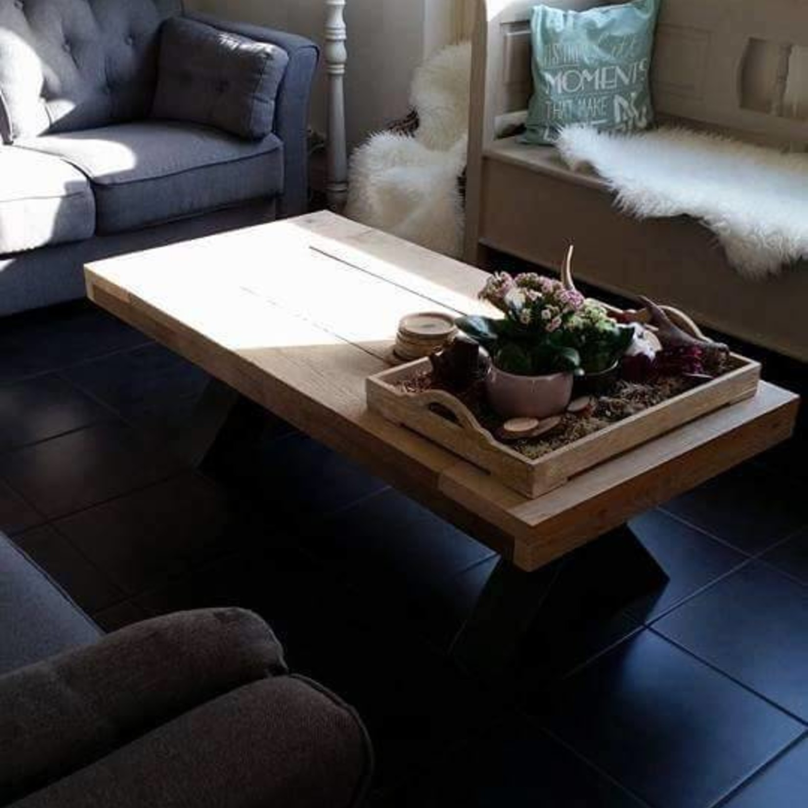 RdeB Salontafel 60 cm breed tot 150 cm lang, Houten X poten
