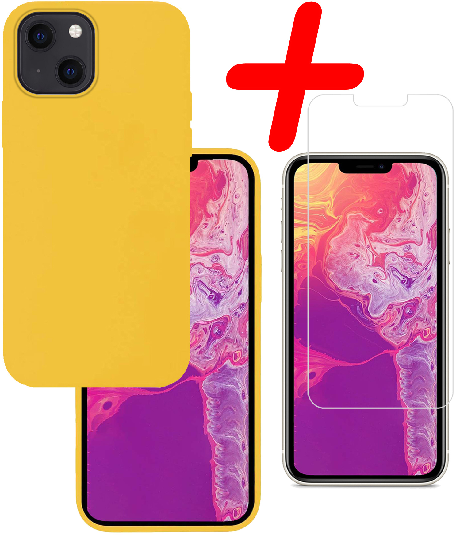 BASEY. Hoes Geschikt voor iPhone 13 Mini Hoesje Siliconen Back Cover Case Met Screenprotector - Hoesje Geschikt voor iPhone 13 Mini Hoes Cover Hoesje - Geel