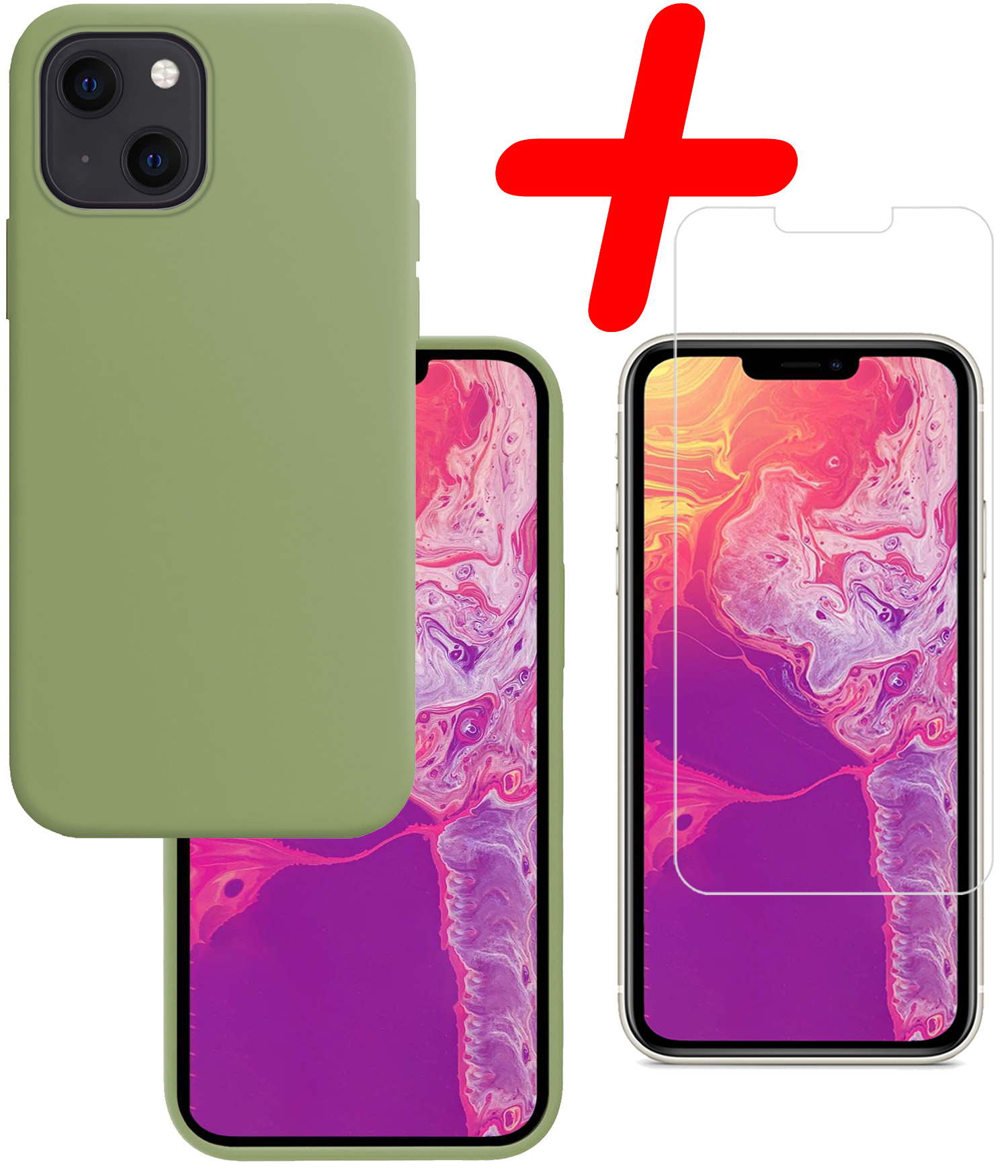 BASEY. Hoes Geschikt voor iPhone 13 Hoesje Siliconen Back Cover Case Met Screenprotector - Hoesje Geschikt voor iPhone 13 Hoes Cover Hoesje - Groen