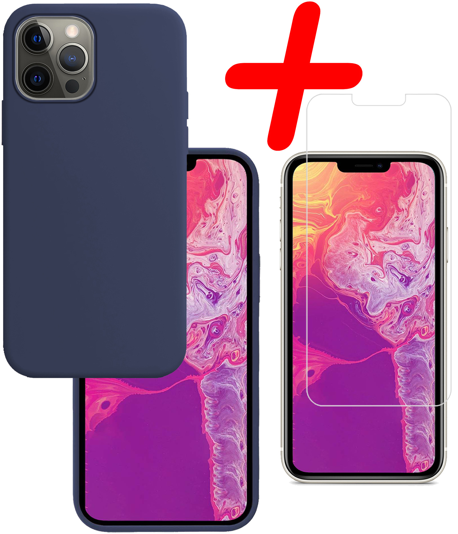 BASEY. Hoes Geschikt voor iPhone 13 Pro Hoesje Siliconen Back Cover Case Met Screenprotector - Hoesje Geschikt voor iPhone 13 Pro Hoes Cover Hoesje - Donkerblauw