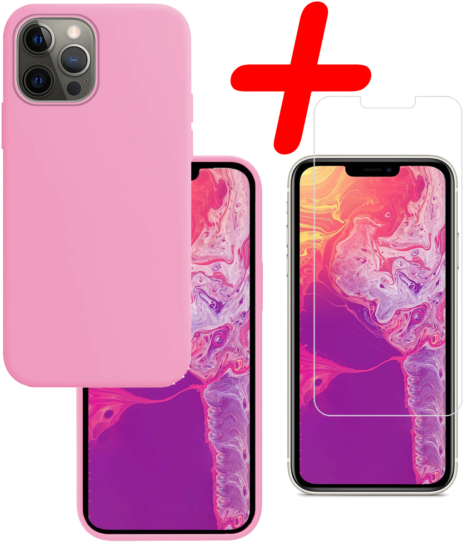 BASEY. Hoes Geschikt voor iPhone 13 Pro Max Hoesje Siliconen Back Cover Case Met Screenprotector - Hoesje Geschikt voor iPhone 13 Pro Max Hoes Cover Hoesje - Lichtroze