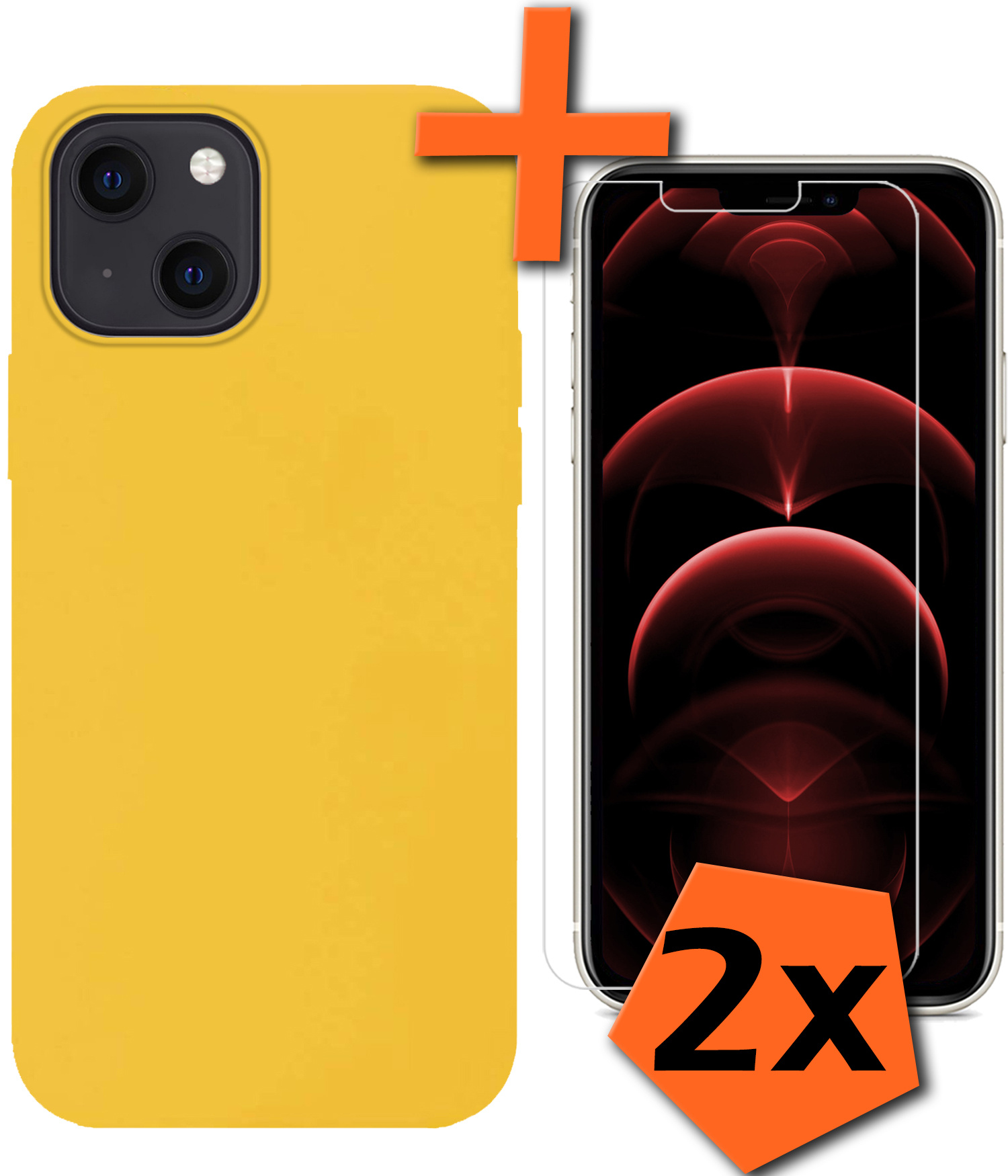 Nomfy Hoesje Geschikt voor iPhone 13 Hoesje Siliconen Cover Case Met 2x Screenprotector - Hoes Geschikt voor iPhone 13 Hoes Back Case - Geel