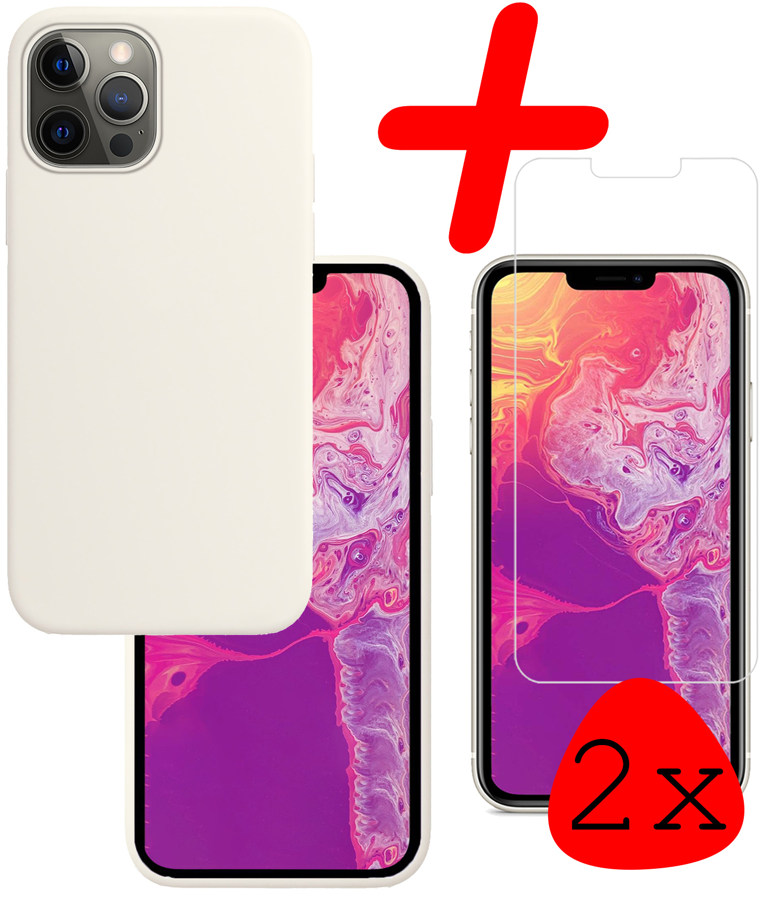 BASEY. Hoes Geschikt voor iPhone 13 Pro Hoesje Siliconen Back Cover Case Met 2x Screenprotector - Hoesje Geschikt voor iPhone 13 Pro Hoes Cover Hoesje - Wit