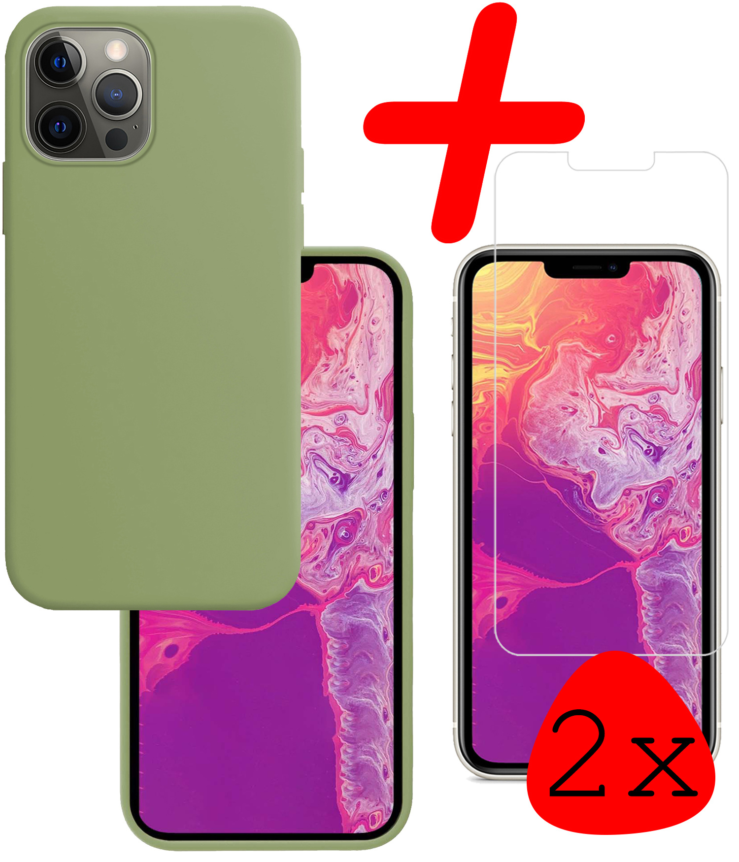 BASEY. Hoes Geschikt voor iPhone 13 Pro Hoesje Siliconen Back Cover Case Met 2x Screenprotector - Hoesje Geschikt voor iPhone 13 Pro Hoes Cover Hoesje - Groen