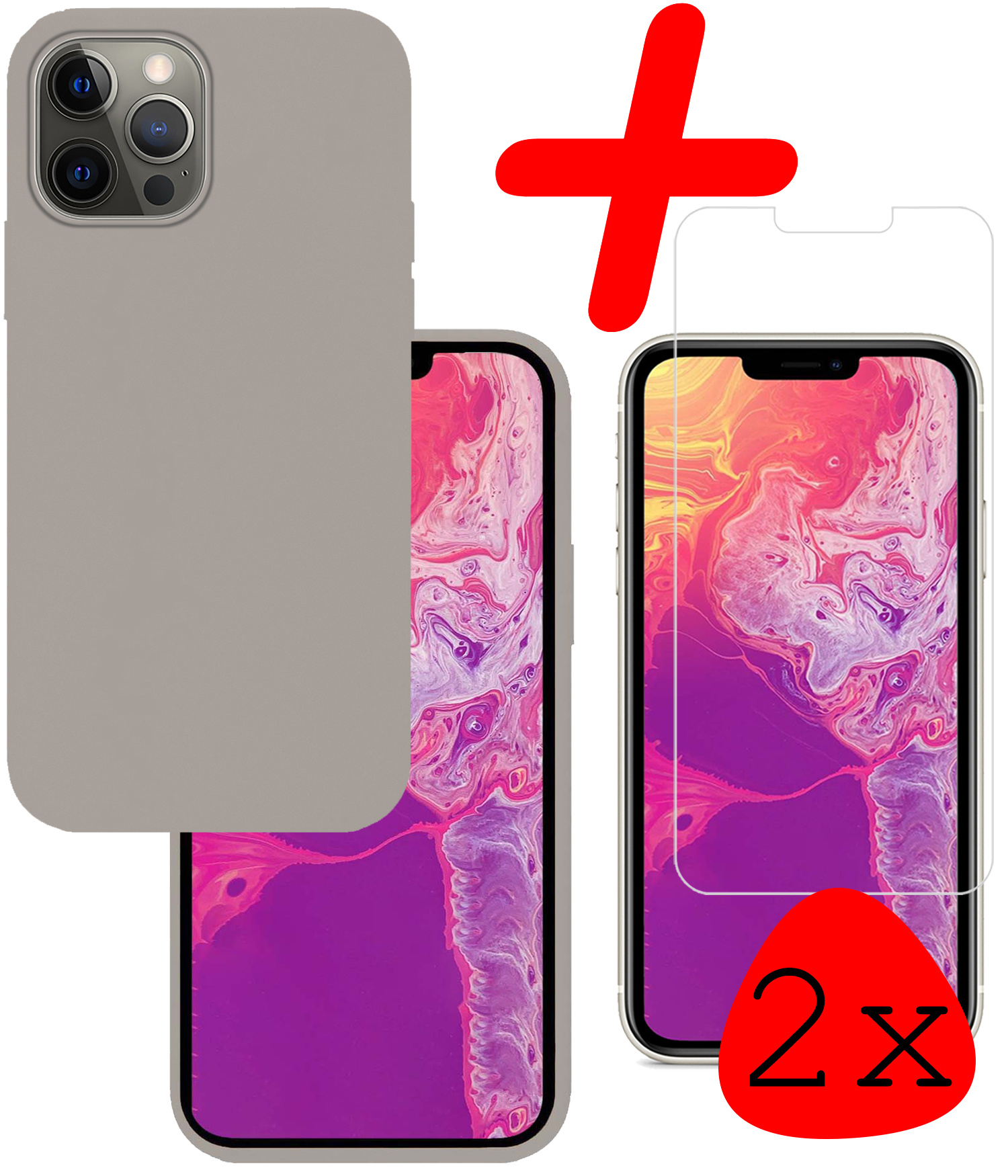 BASEY. Hoes Geschikt voor iPhone 13 Pro Hoesje Siliconen Back Cover Case Met 2x Screenprotector - Hoesje Geschikt voor iPhone 13 Pro Hoes Cover Hoesje - Grijs