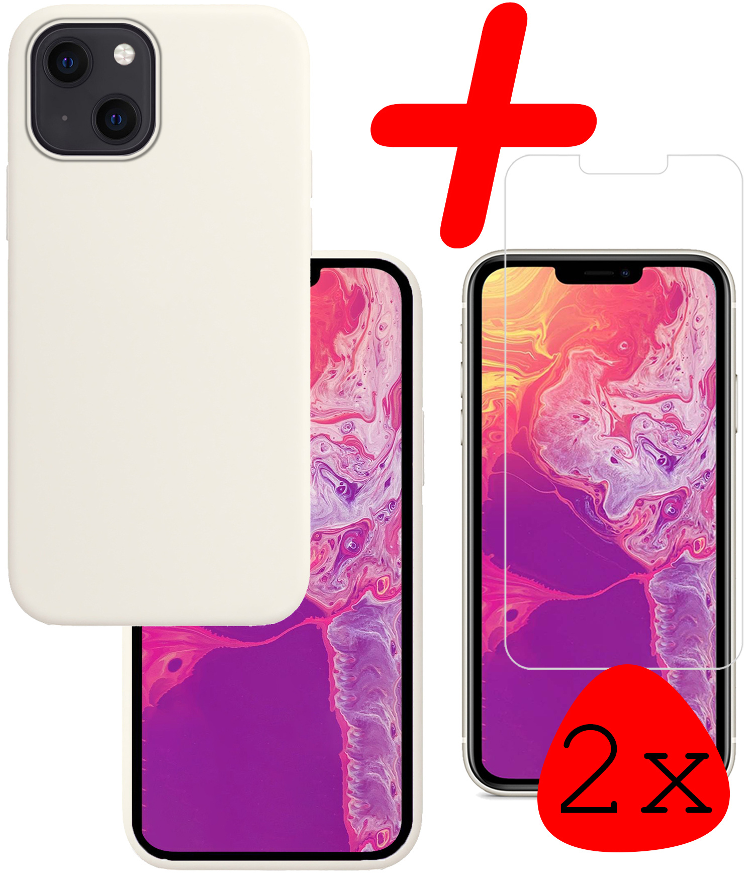 BASEY. Hoes Geschikt voor iPhone 13 Hoesje Siliconen Back Cover Case Met 2x Screenprotector - Hoesje Geschikt voor iPhone 13 Hoes Cover Hoesje - Wit