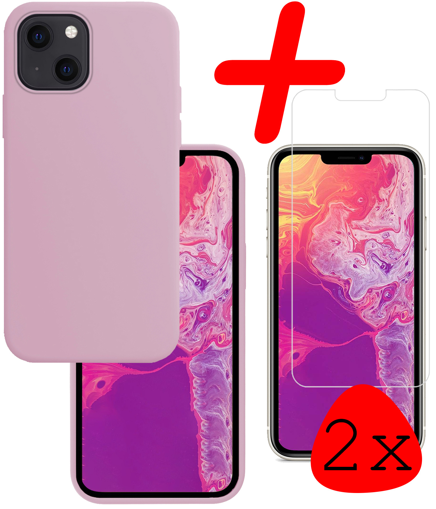 BASEY. Hoes Geschikt voor iPhone 13 Hoesje Siliconen Back Cover Case Met 2x Screenprotector - Hoesje Geschikt voor iPhone 13 Hoes Cover Hoesje - Lila