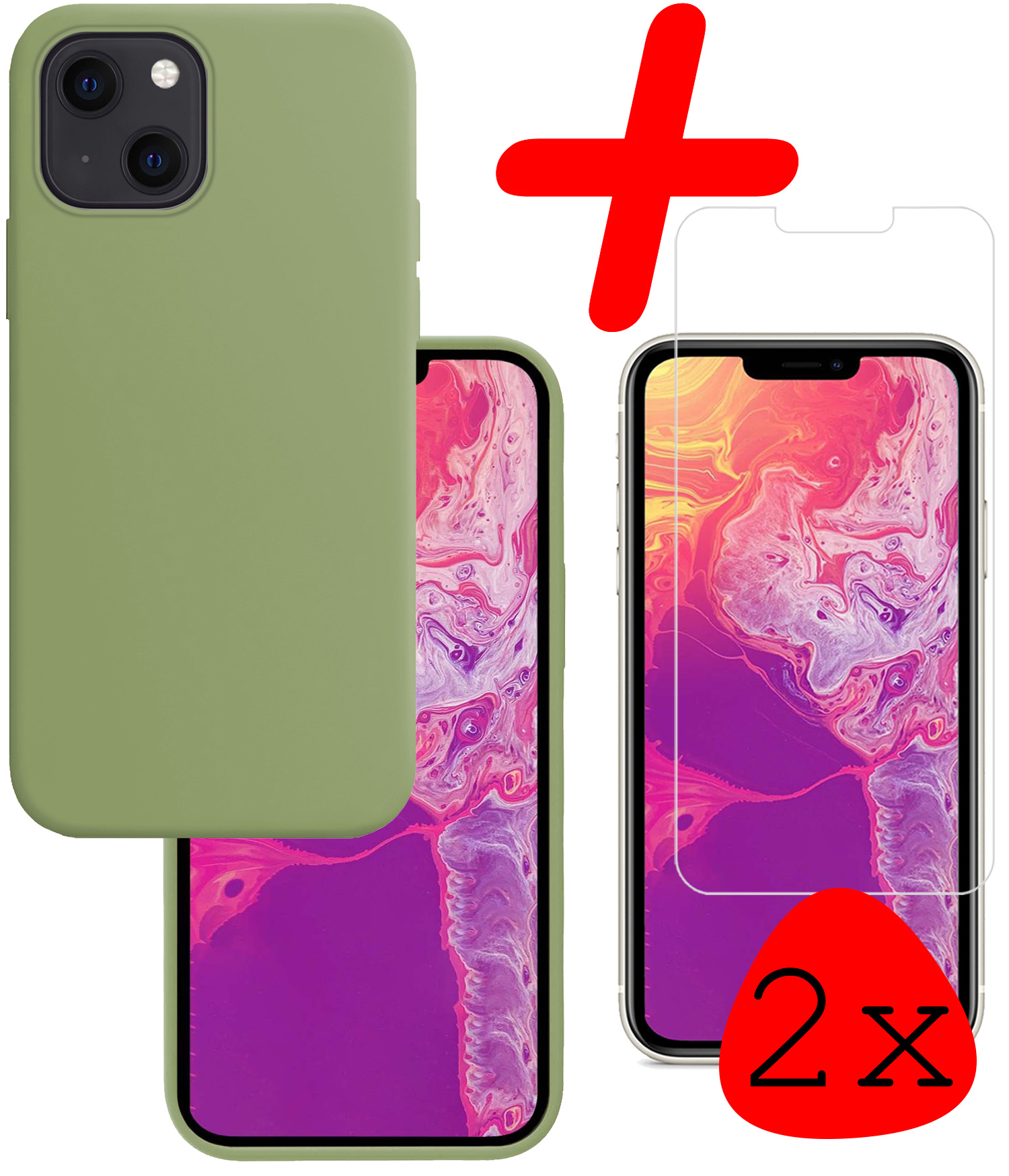 BASEY. Hoes Geschikt voor iPhone 13 Hoesje Siliconen Back Cover Case Met 2x Screenprotector - Hoesje Geschikt voor iPhone 13 Hoes Cover Hoesje - Groen