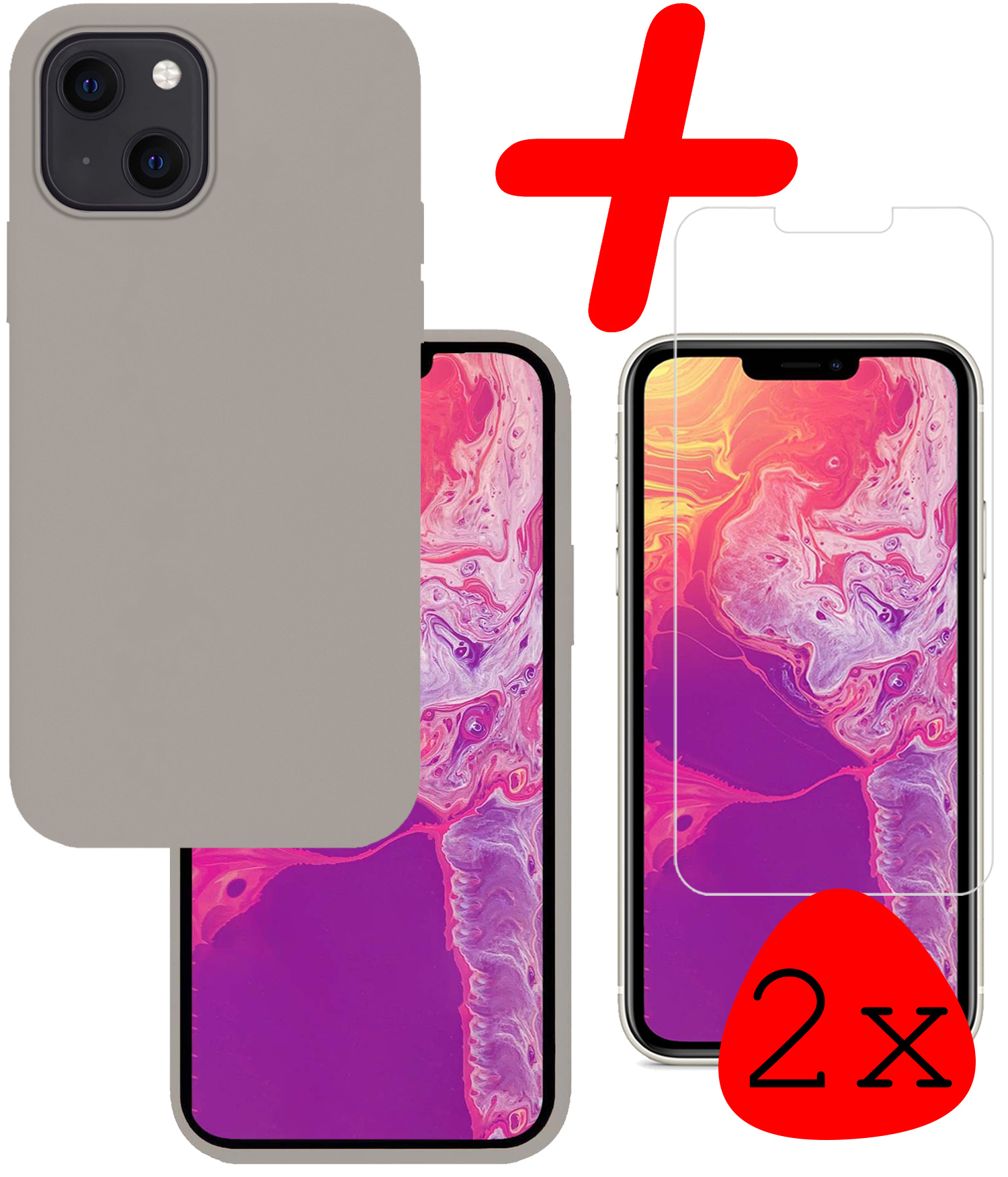 BASEY. Hoes Geschikt voor iPhone 13 Hoesje Siliconen Back Cover Case Met 2x Screenprotector - Hoesje Geschikt voor iPhone 13 Hoes Cover Hoesje - Grijs