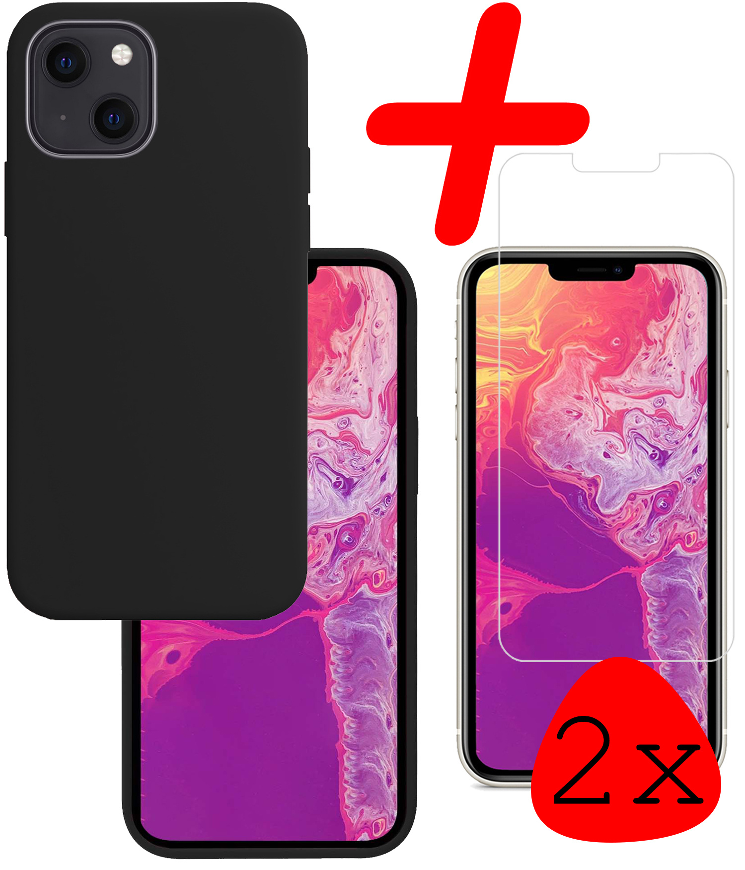BASEY. Hoes Geschikt voor iPhone 13 Mini Hoesje Siliconen Back Cover Case Met 2x Screenprotector - Hoesje Geschikt voor iPhone 13 Mini Hoes Cover Hoesje - Zwart