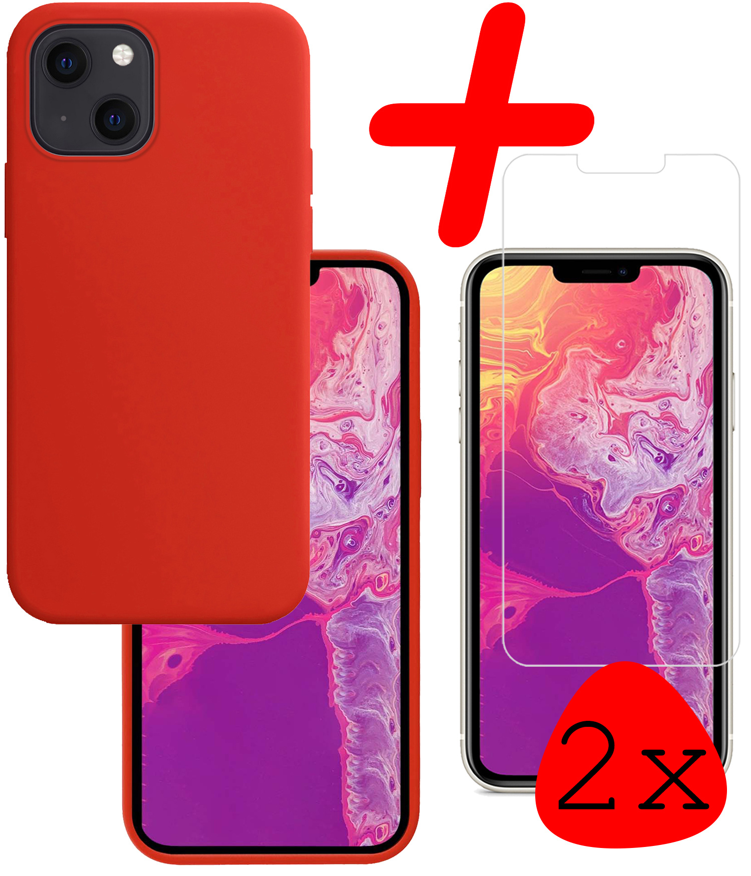 BASEY. Hoes Geschikt voor iPhone 13 Mini Hoesje Siliconen Back Cover Case Met 2x Screenprotector - Hoesje Geschikt voor iPhone 13 Mini Hoes Cover Hoesje - Rood