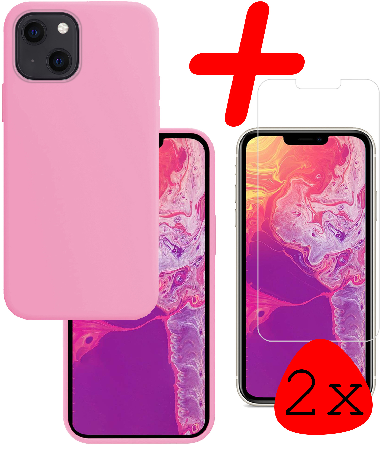 BASEY. Hoes Geschikt voor iPhone 13 Mini Hoesje Siliconen Back Cover Case Met 2x Screenprotector - Hoesje Geschikt voor iPhone 13 Mini Hoes Cover Hoesje - Lichtroze