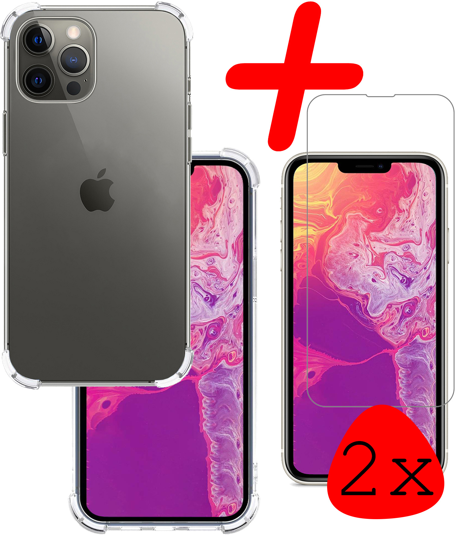 BASEY. iPhone 13 Pro Hoesje Shock Proof Met 2x Screenprotector Tempered Glass - iPhone 13 Pro Screen Protector Beschermglas Full Screen Hoes Shockproof - Transparant