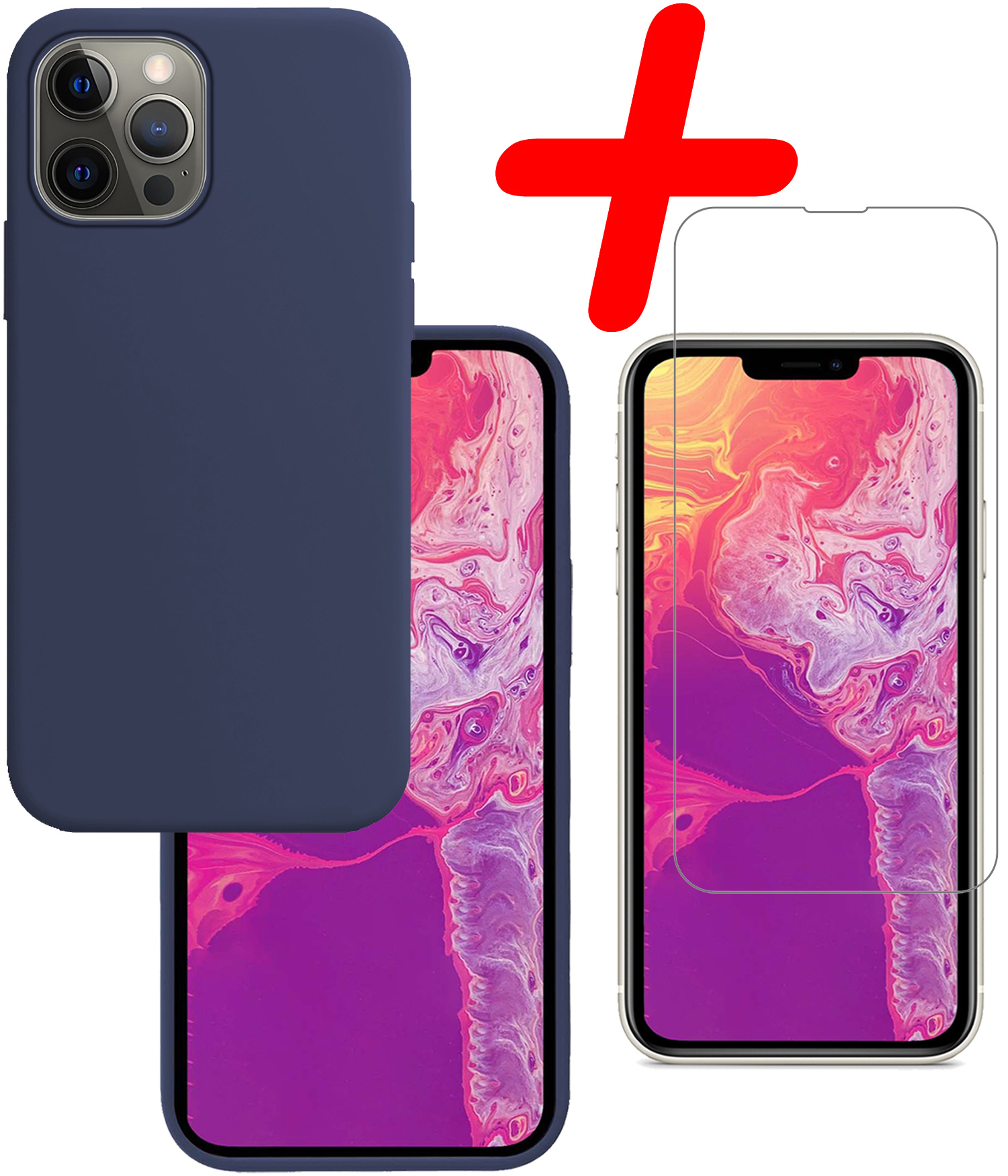BASEY. Hoes Geschikt voor iPhone 13 Pro Hoesje Siliconen Back Cover Case Met Screenprotector - Hoesje Geschikt voor iPhone 13 Pro Hoes Cover Hoesje - Donkerblauw