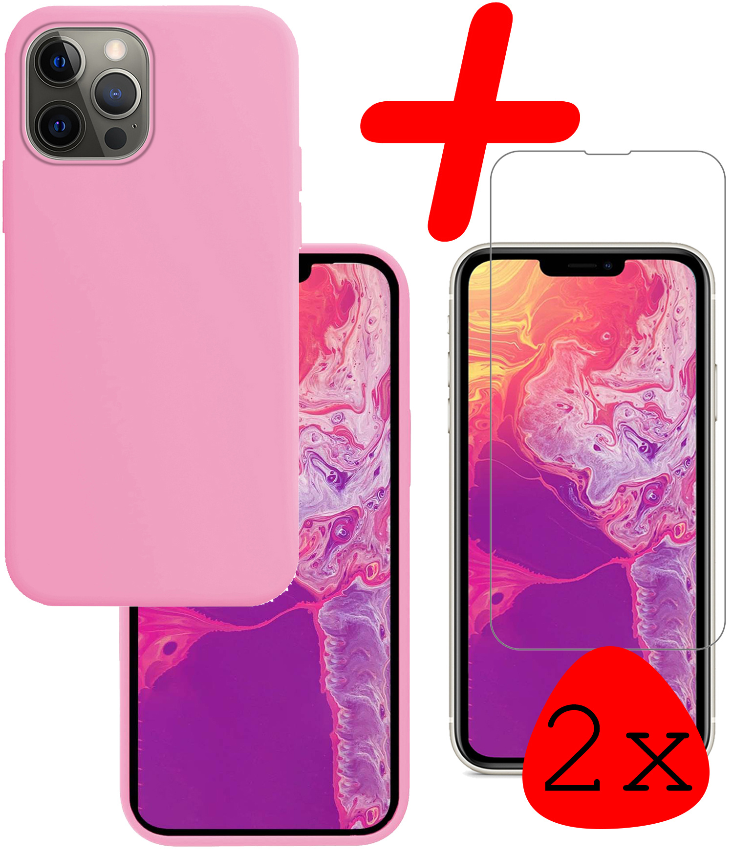 BASEY. Hoes Geschikt voor iPhone 13 Pro Hoesje Siliconen Back Cover Case Met 2x Screenprotector - Hoesje Geschikt voor iPhone 13 Pro Hoes Cover Hoesje - Lichtroze