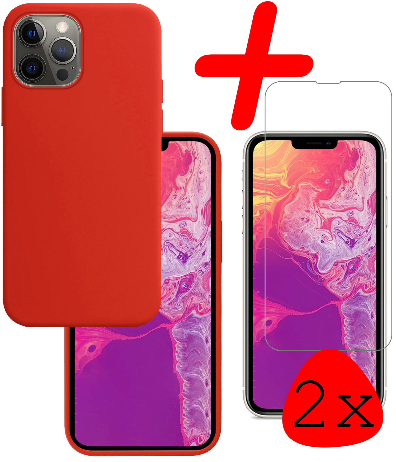 BASEY. Hoes Geschikt voor iPhone 13 Pro Hoesje Siliconen Back Cover Case Met 2x Screenprotector - Hoesje Geschikt voor iPhone 13 Pro Hoes Cover Hoesje - Rood