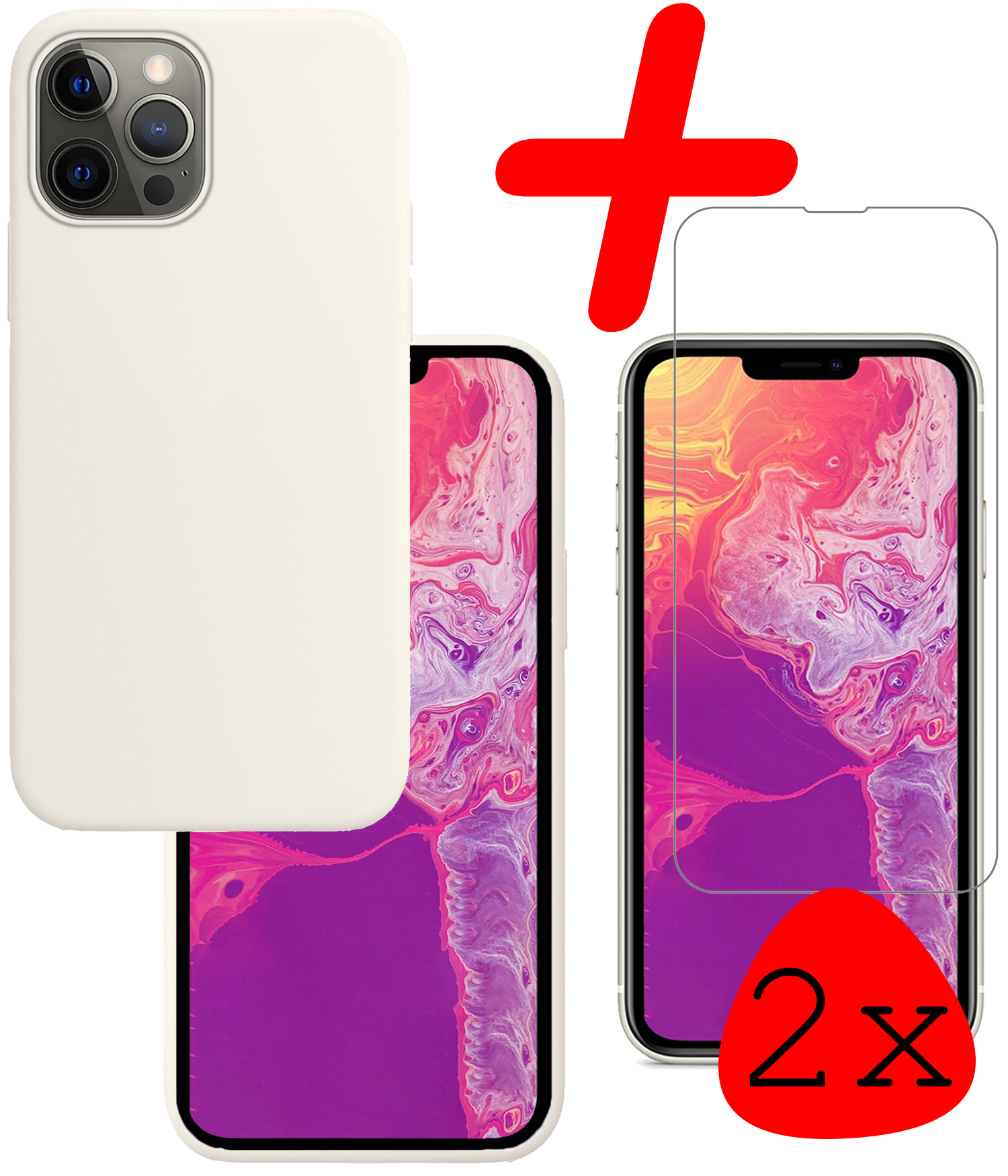 BASEY. Hoes Geschikt voor iPhone 13 Pro Hoesje Siliconen Back Cover Case Met 2x Screenprotector - Hoesje Geschikt voor iPhone 13 Pro Hoes Cover Hoesje - Wit