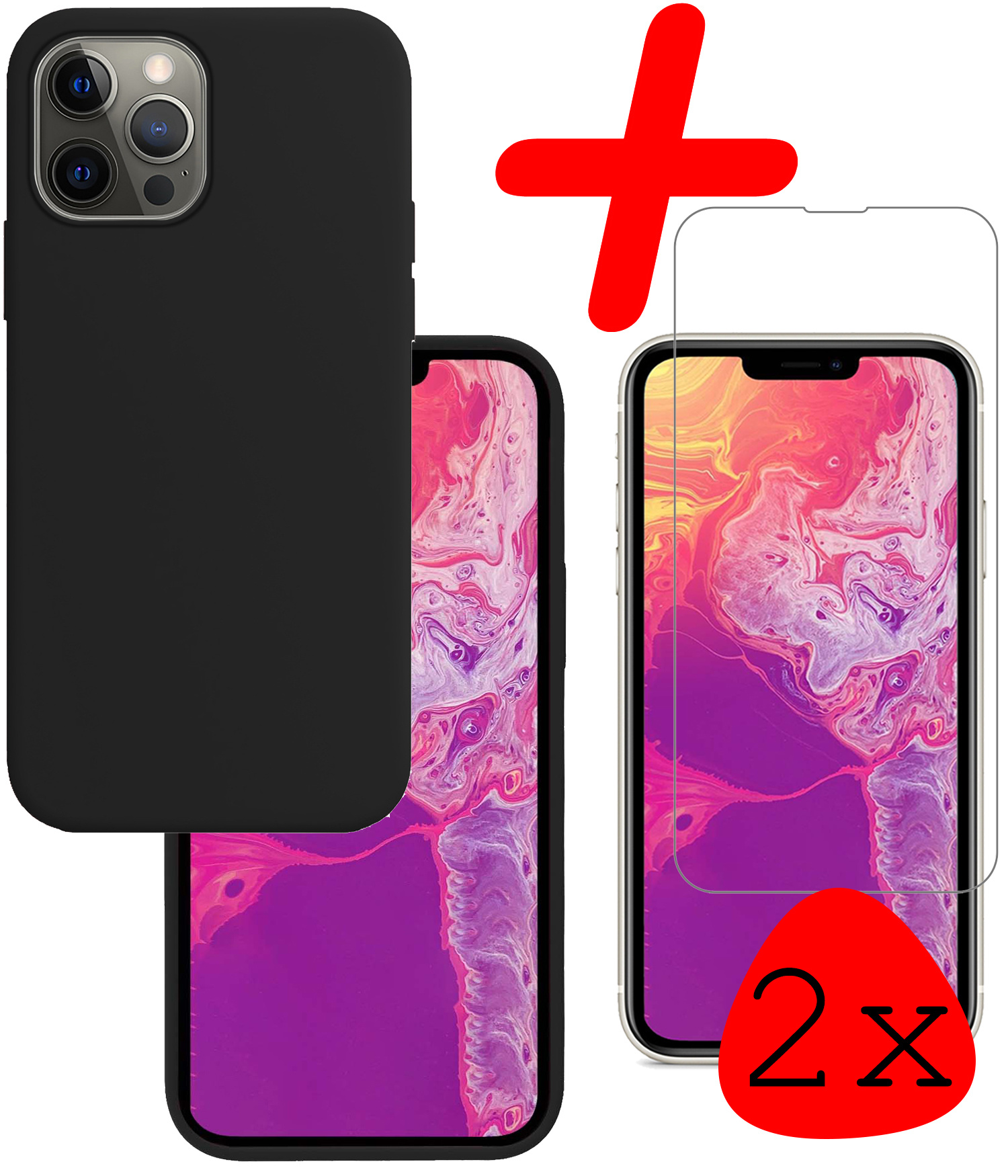 BASEY. Hoes Geschikt voor iPhone 13 Pro Max Hoesje Siliconen Back Cover Case Met 2x Screenprotector - Hoesje Geschikt voor iPhone 13 Pro Max Hoes Cover Hoesje - Zwart