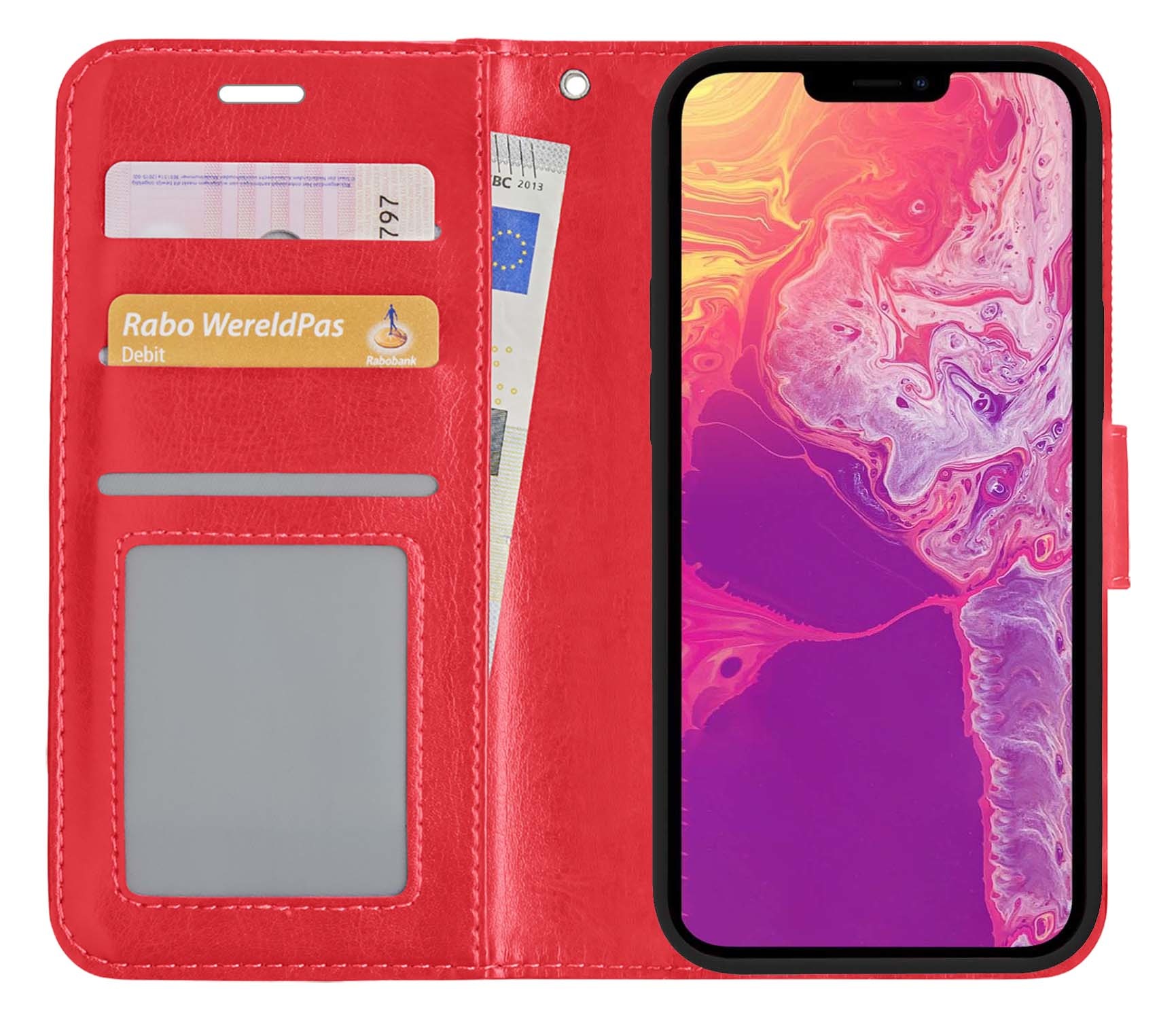 BASEY. Hoes Geschikt voor iPhone 13 Pro Max Hoesje Bookcase Hoes Flip Case Book Cover - Hoesje Geschikt voor iPhone 13 Pro Max Hoes Book Case Hoesje - Rood