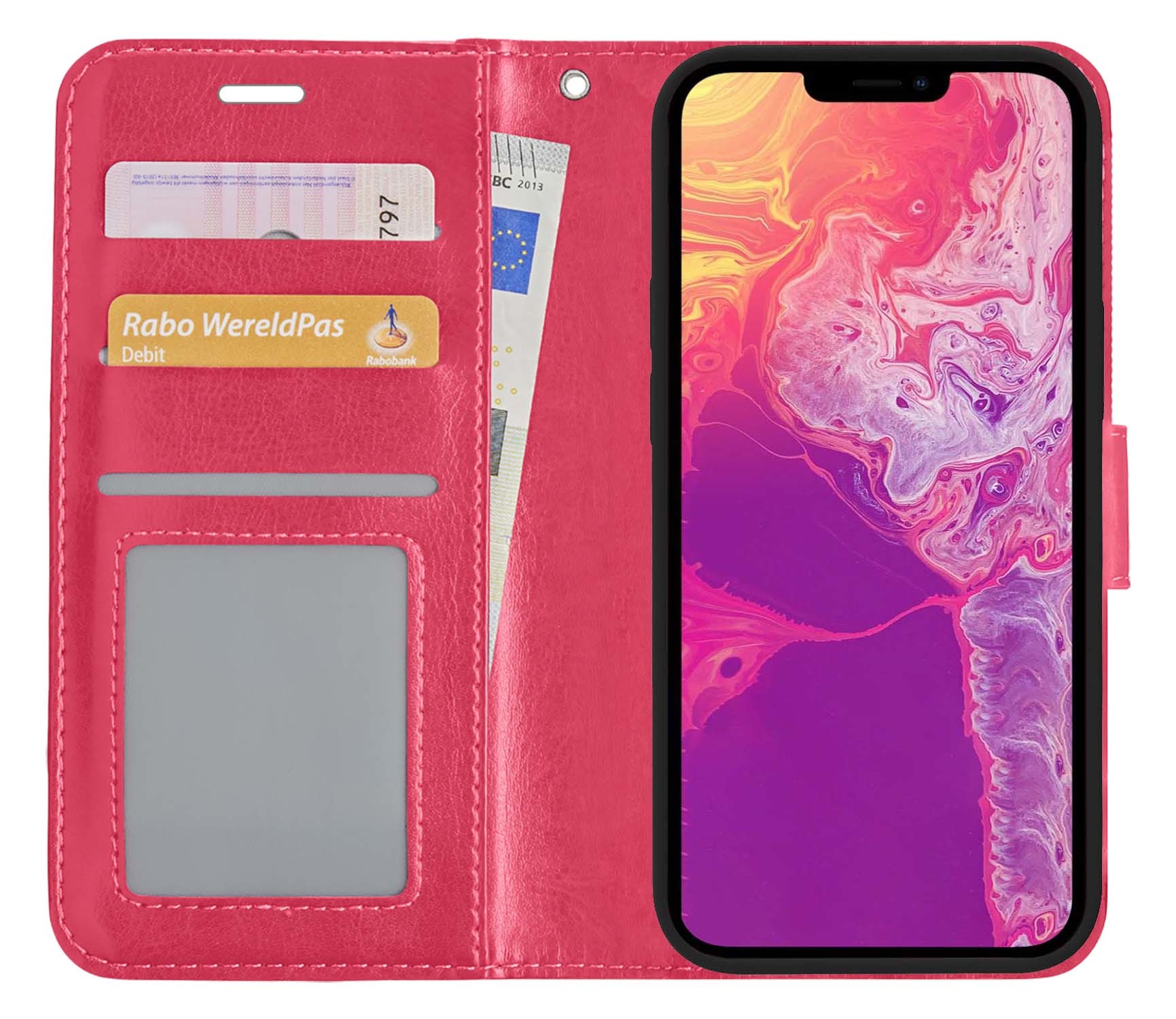 BASEY. Hoes Geschikt voor iPhone 13 Pro Hoesje Bookcase Hoes Flip Case Book Cover - Hoesje Geschikt voor iPhone 13 Pro Hoes Book Case Hoesje - Donkerroze