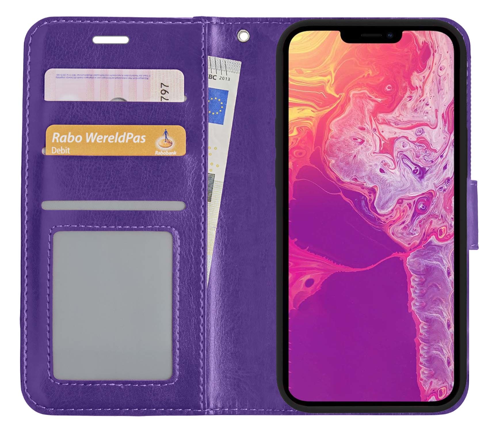 BASEY. Hoes Geschikt voor iPhone 13 Hoesje Bookcase Hoes Flip Case Book Cover - Hoesje Geschikt voor iPhone 13 Hoes Book Case Hoesje - Paars