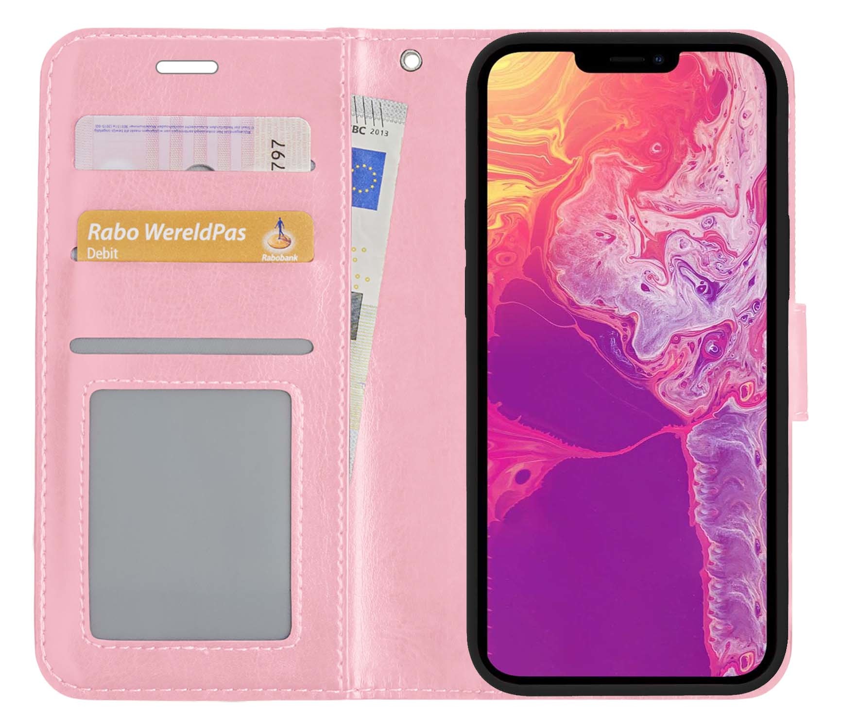 BASEY. Hoes Geschikt voor iPhone 13 Hoesje Bookcase Hoes Flip Case Book Cover - Hoesje Geschikt voor iPhone 13 Hoes Book Case Hoesje - Lichtroze