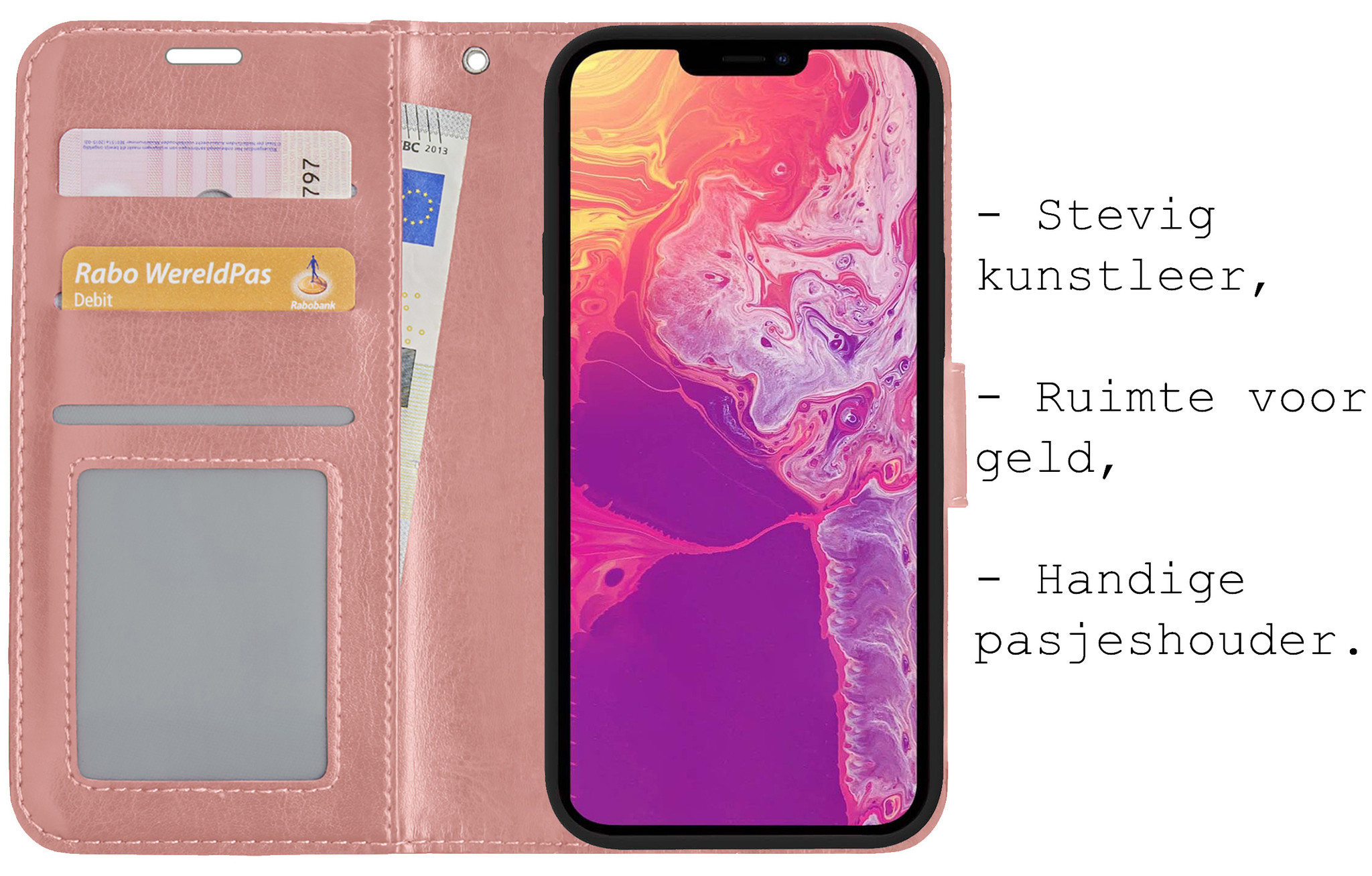 BASEY. Hoes Geschikt voor iPhone 13 Mini Hoesje Bookcase Hoes Flip Case Book Cover - Hoesje Geschikt voor iPhone 13 Mini Hoes Book Case Hoesje - Rosé goud