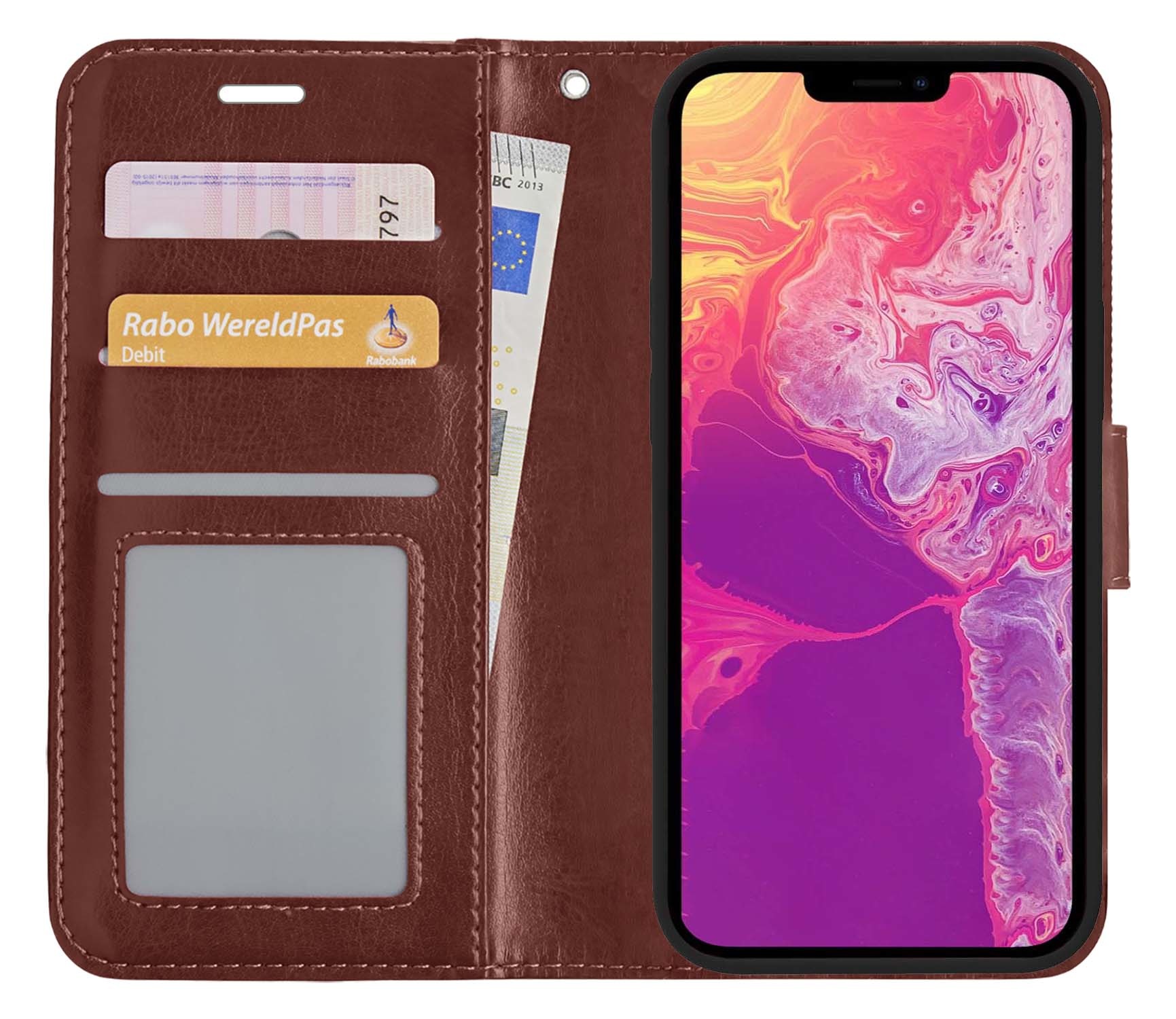 BASEY. Hoes Geschikt voor iPhone 13 Mini Hoesje Bookcase Hoes Flip Case Book Cover - Hoesje Geschikt voor iPhone 13 Mini Hoes Book Case Hoesje - Bruin