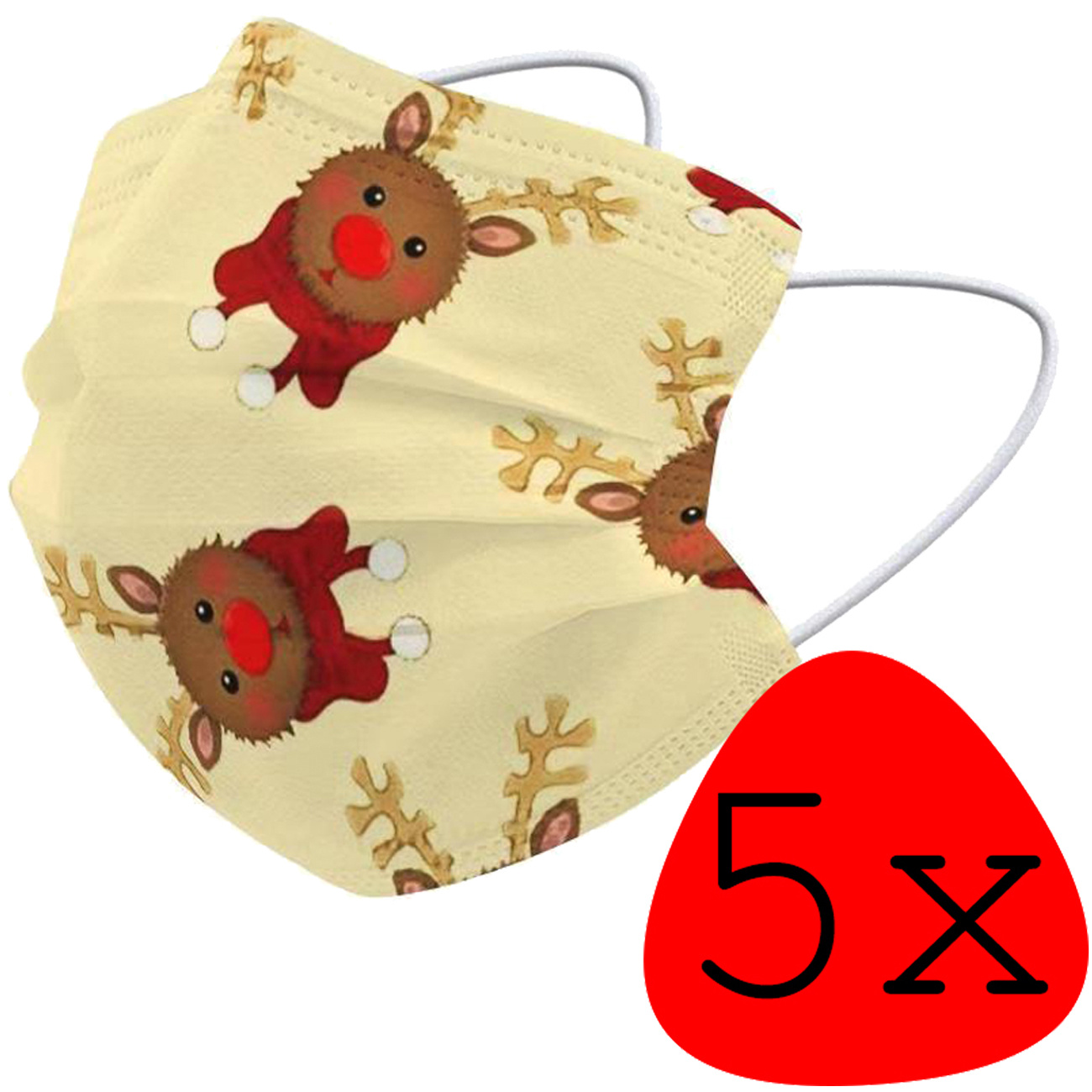 BASEY. Mondmasker Kerst Wegwerp Mondkapje Kerst Universeel - Mondkap Wegwerp Niet Medisch Rendier - 5 Stuks