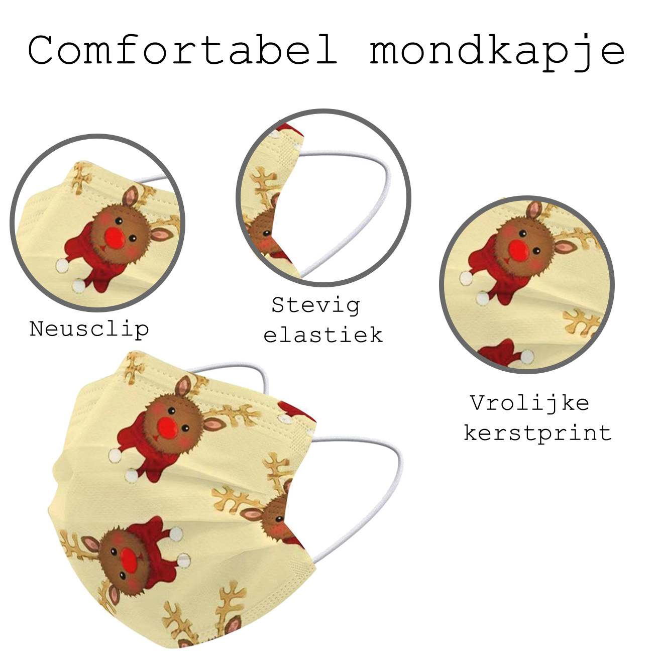 BASEY. Mondmasker Kerst Wegwerp Mondkapje Kerst Universeel - Mondkap Wegwerp Niet Medisch Rendier - 10 Stuks