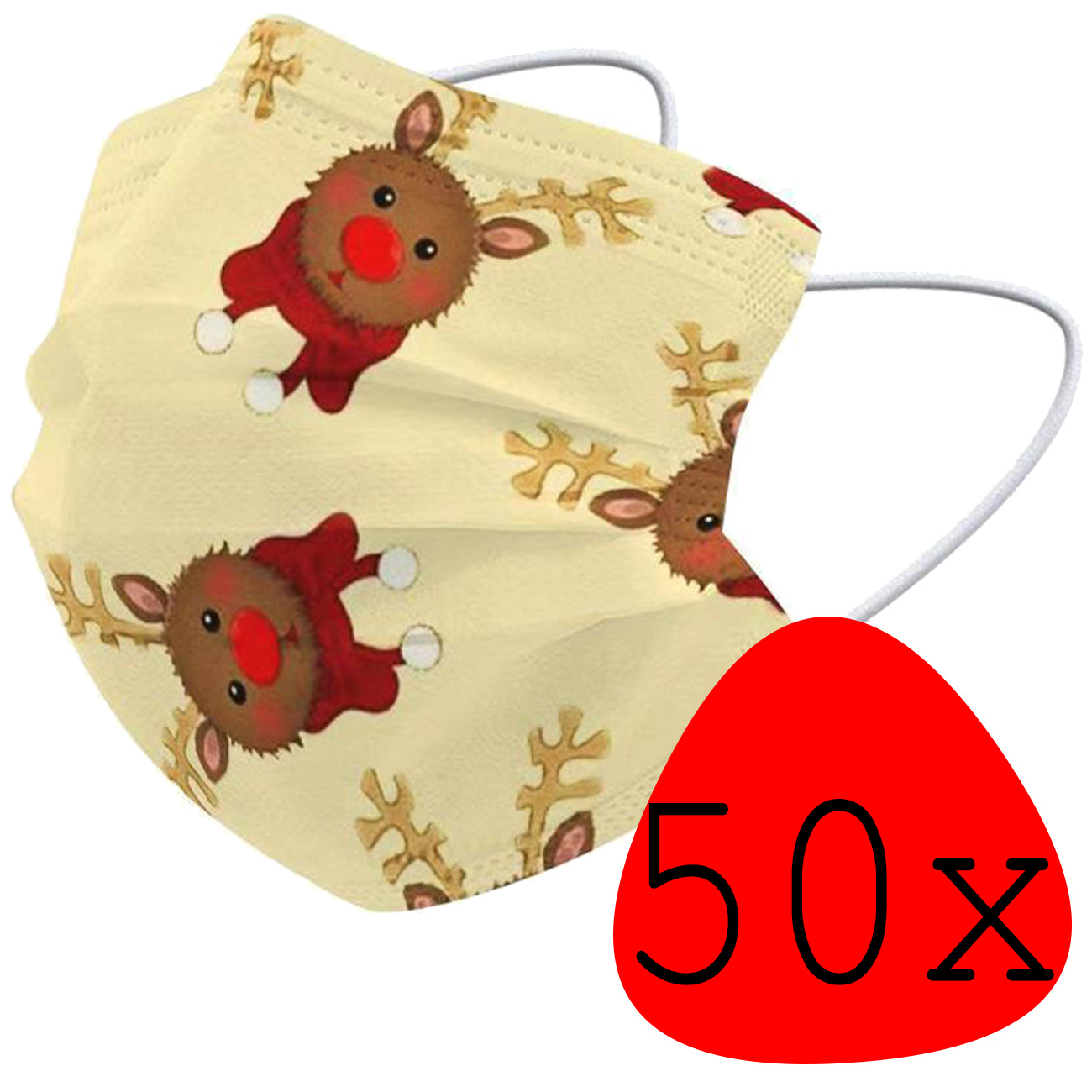 BASEY. Mondmasker Kerst Wegwerp Mondkapje Kerst Universeel - Mondkap Wegwerp Niet Medisch Rendier - 50 Stuks