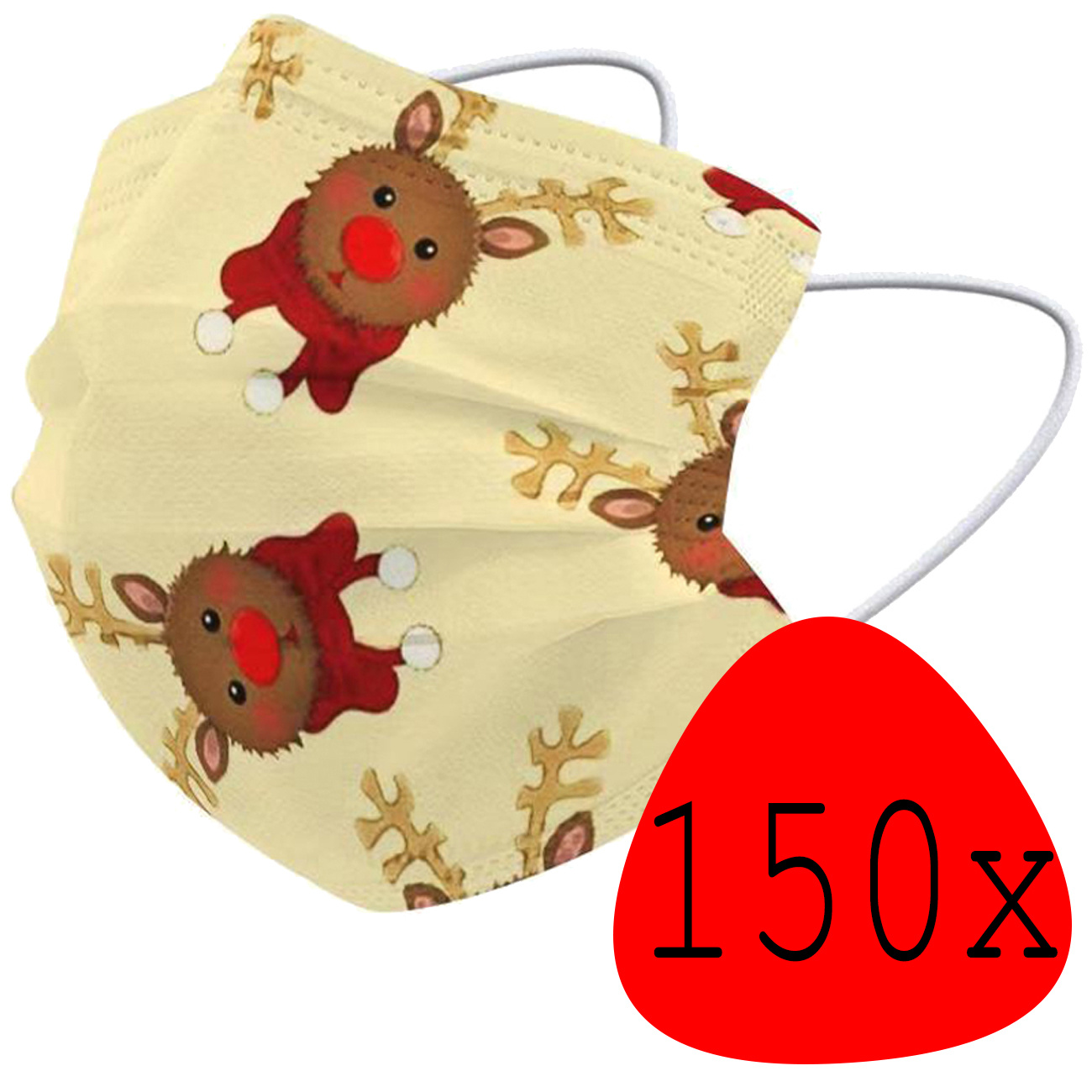 BASEY. Mondmasker Kerst Wegwerp Mondkapje Kerst Universeel - Mondkap Wegwerp Niet Medisch Rendier - 150 Stuks