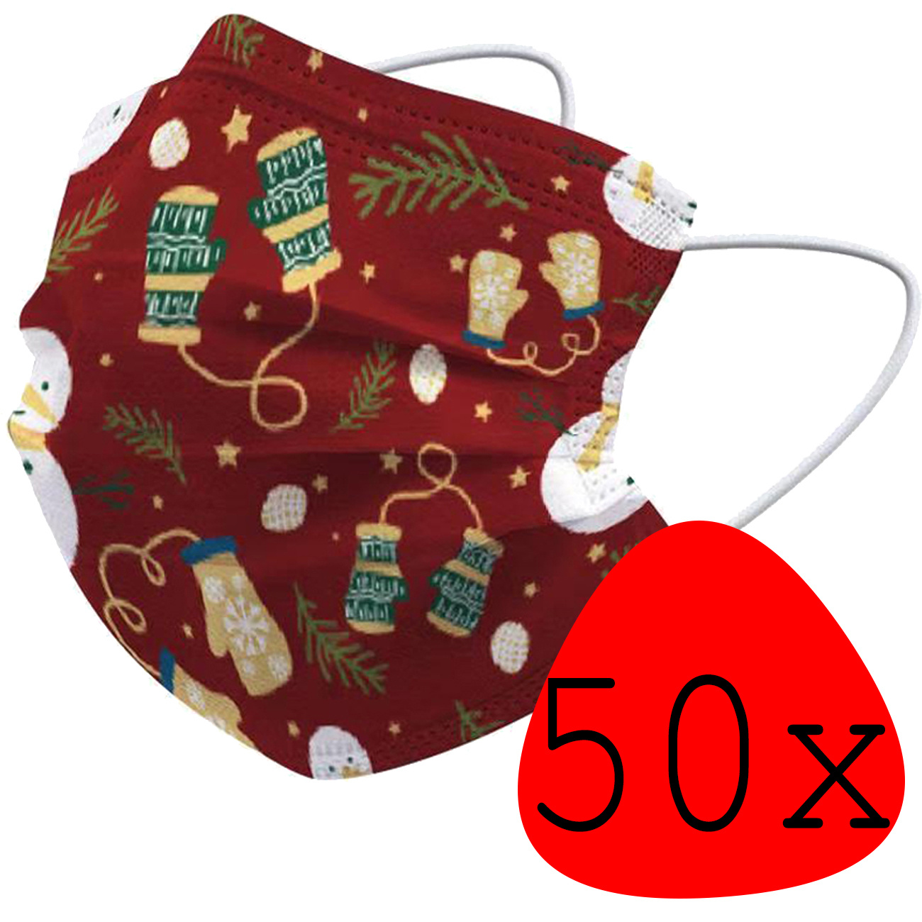 BASEY. Mondmasker Kerst Wegwerp Mondkapje Kerst Universeel - Mondkap Wegwerp Niet Medisch Wanten - 50 Stuks