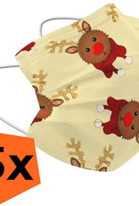 Nomfy Mondkapje Kerst Wegwerp Geel - Mondmasker Wegwerp Niet Medisch Mondkapje Rendier - Kerst Mondkapje Wegwerp Universeel - 5 Stuks