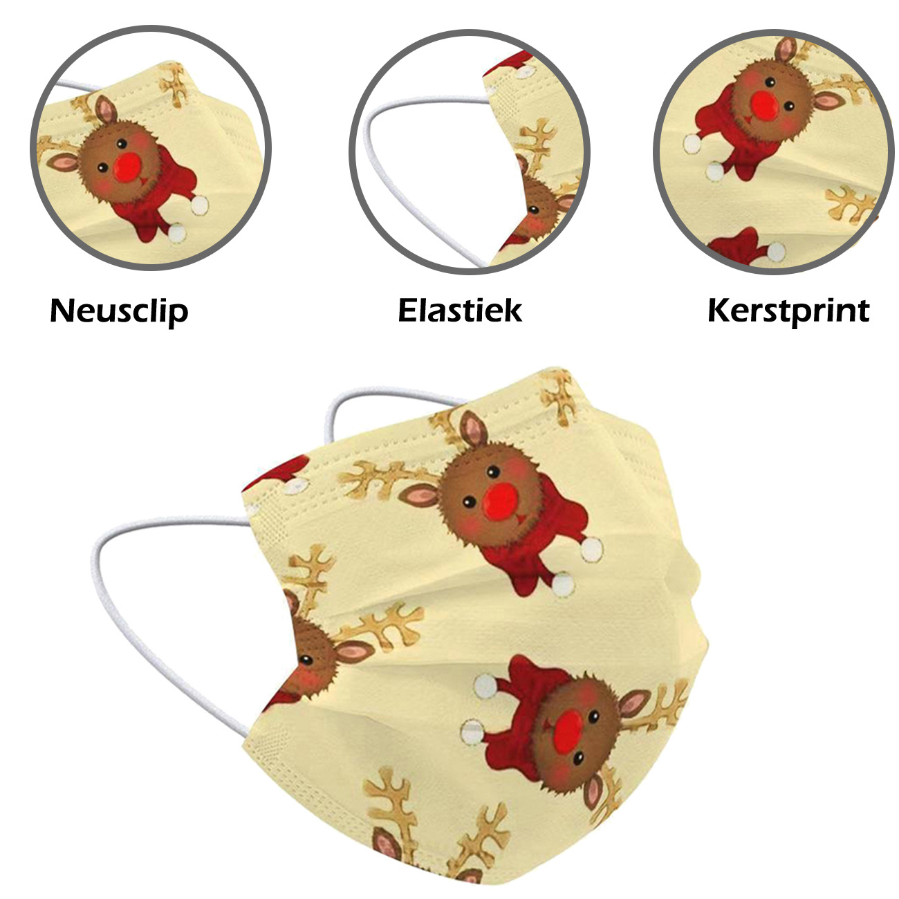 Nomfy Mondkapje Kerst Wegwerp Geel - Mondmasker Wegwerp Niet Medisch Mondkapje Rendier - Kerst Mondkapje Wegwerp Universeel - 10 Stuks