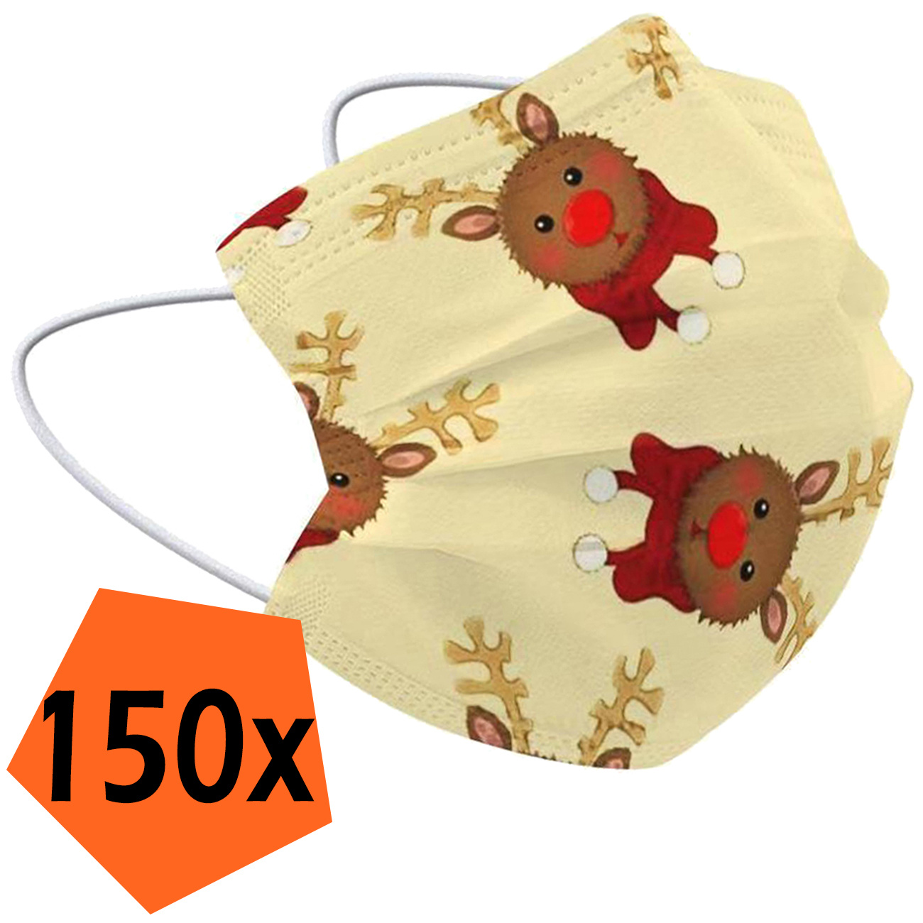 Nomfy Mondkapje Kerst Wegwerp Geel - Mondmasker Wegwerp Niet Medisch Mondkapje Rendier - Kerst Mondkapje Wegwerp Universeel - 150 Stuks