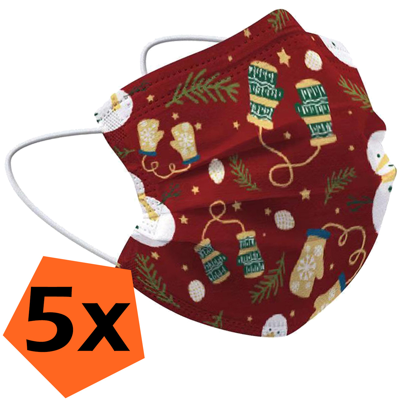 Nomfy Mondkapje Kerst Wegwerp Rood - Mondmasker Wegwerp Niet Medisch Mondkapje Wanten - Kerst Mondkapje Wegwerp Universeel - 5 Stuks