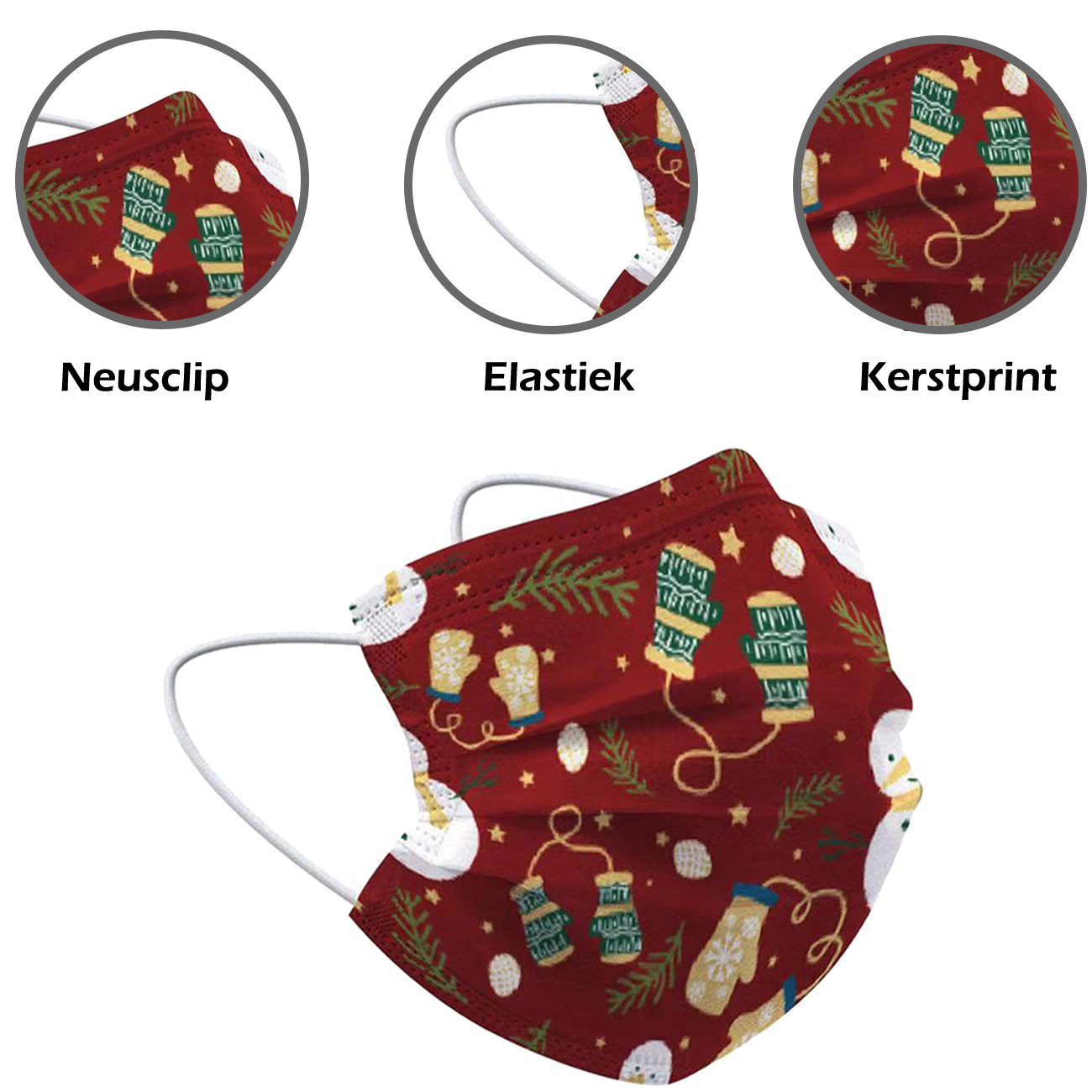Nomfy Mondkapje Kerst Wegwerp Rood - Mondmasker Wegwerp Niet Medisch Mondkapje Wanten - Kerst Mondkapje Wegwerp Universeel - 5 Stuks