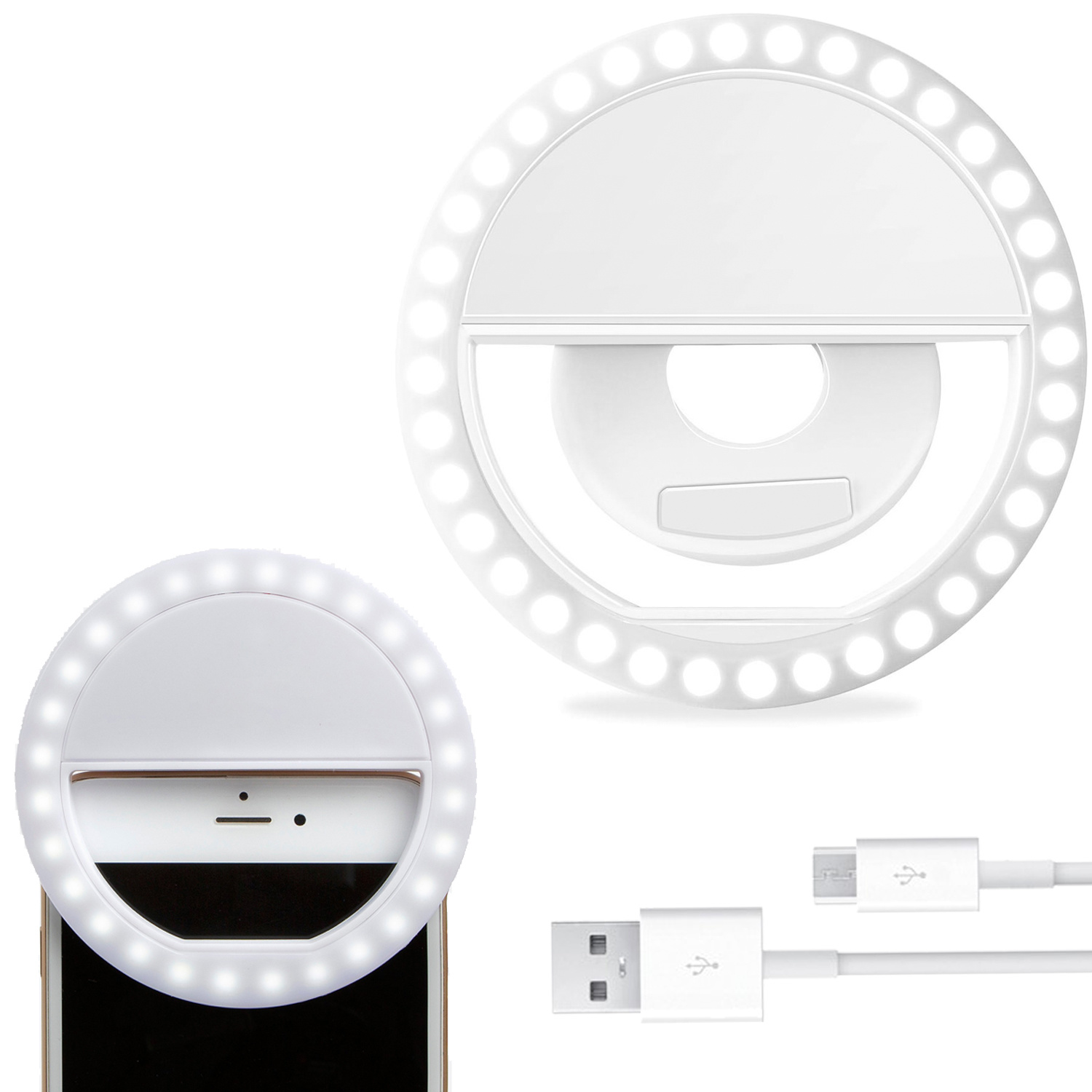 Nomfy Selfie Ring Light LED Licht Wit - Universele Selfie Ring Lamp Wit - Selfie Ringlight Met Clip Oplaadbaar - Wit