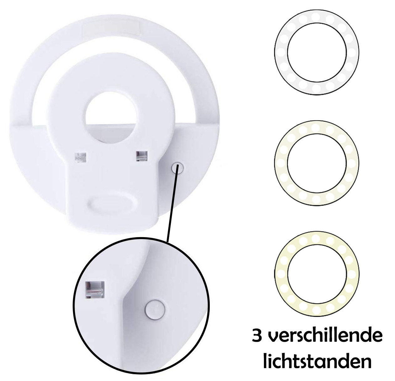 Nomfy Selfie Ring Light LED Licht Wit - Universele Selfie Ring Lamp Wit - Selfie Ringlight Met Clip Oplaadbaar - Wit