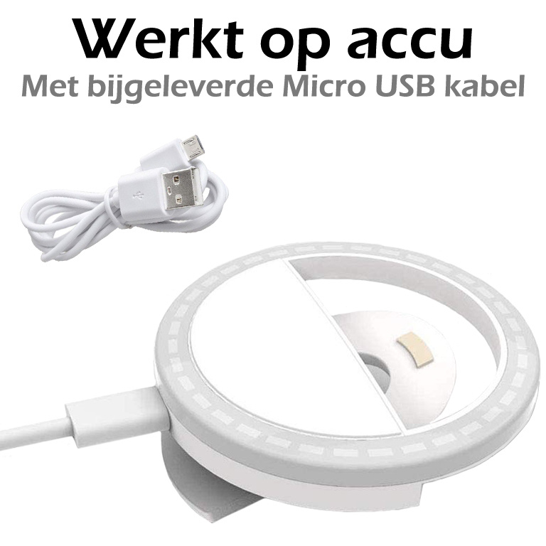 Nomfy Selfie Ring Light LED Licht Wit - Universele Selfie Ring Lamp Wit - Selfie Ringlight Met Clip Oplaadbaar - Wit