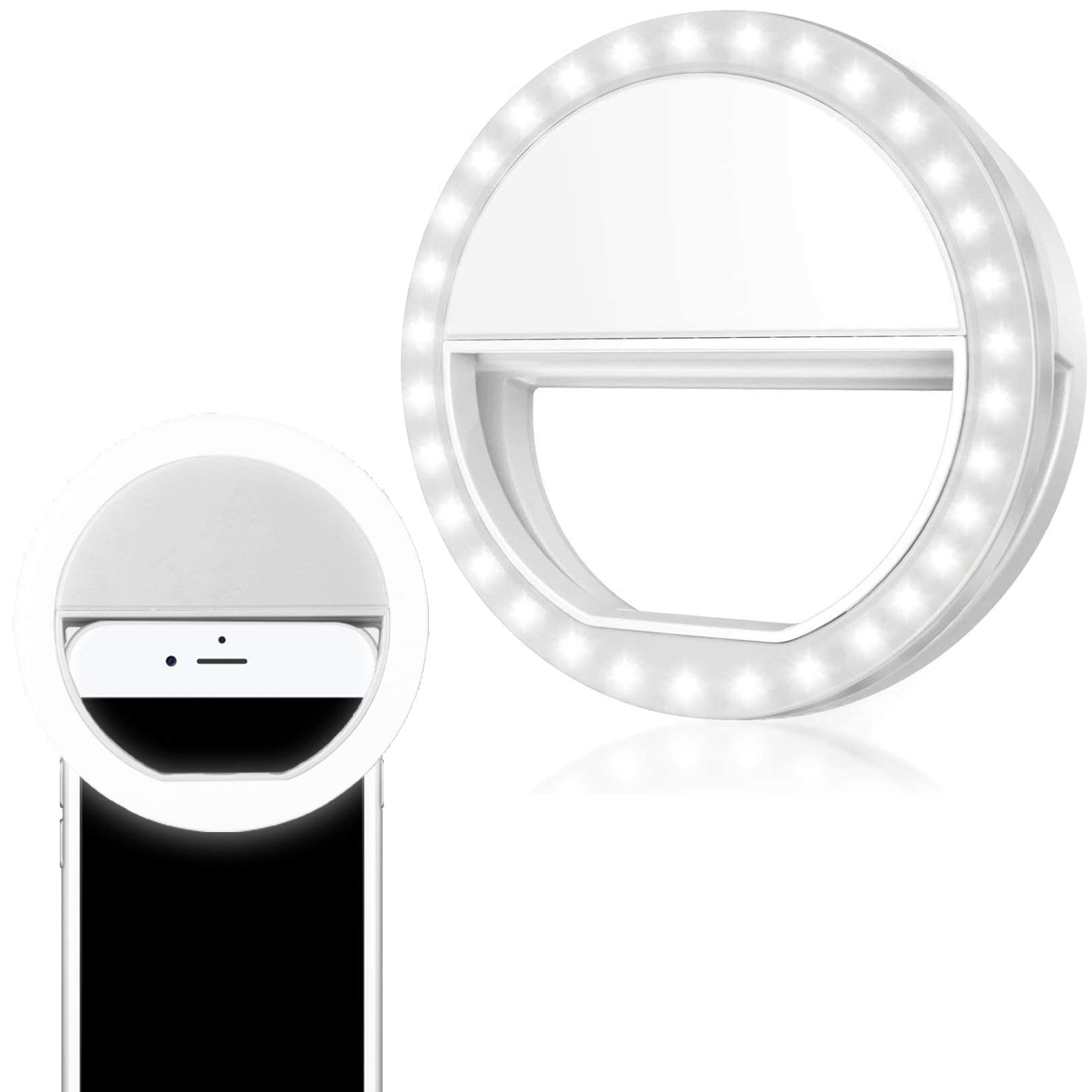 Nomfy Selfie Ring Light LED Licht Wit - Universele Selfie Ring Lamp Wit - Selfie Ringlight Met Clip Op Batterij - Wit