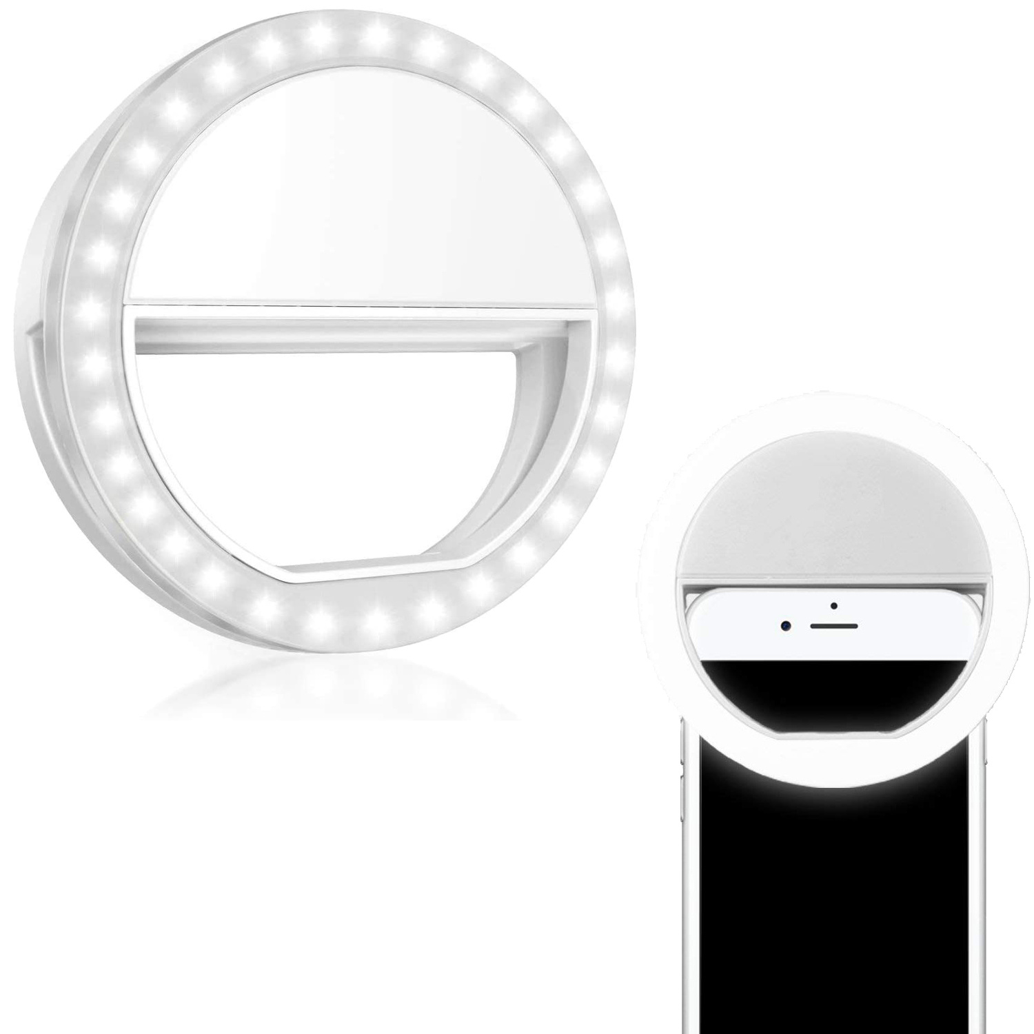 BASEY. Selfie Ring Light Universeel - Selfie Ring Lamp Met Clip Universeel - Selfie Ringlight LED Light Op Batterij - Wit