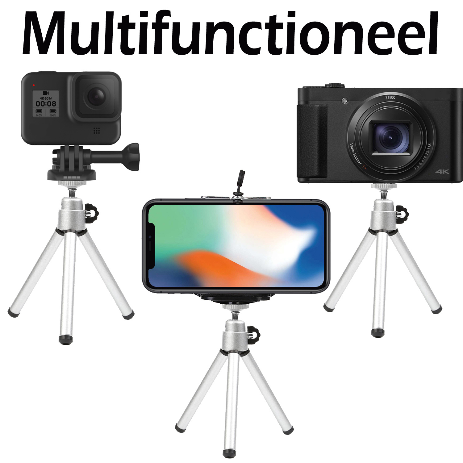 Nomfy Tripod Smartphone Houder Camera Tripod Zilver - Tripod Universeel Voor Smartphone en Camera Zilver - Mini Tripod Smartphone Camera Zilver