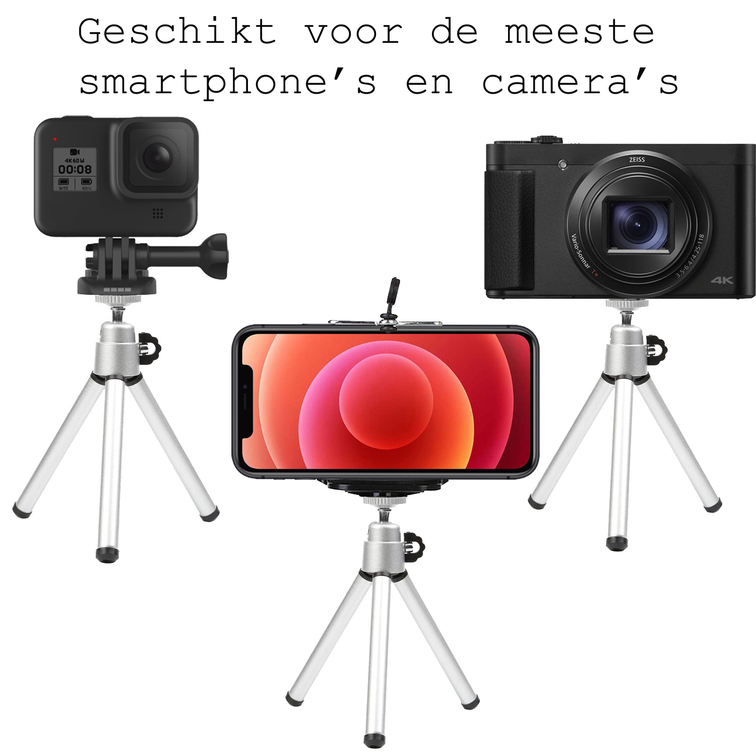 BASEY. Tripod Smartphone Camera Houder - Statief Telefoon En Camera - Tripod Universeel Aluminium - Zilver