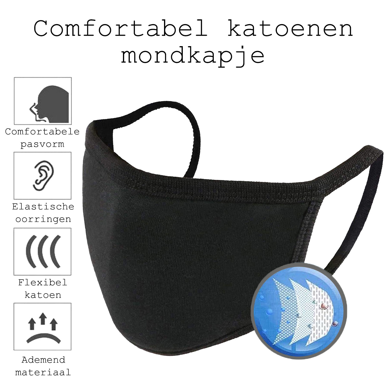 BASEY. Wasbaar Mondkapje Zwart Katoen Wasbaar Mondmasker Elastisch Mondkapjes - 10 stuks