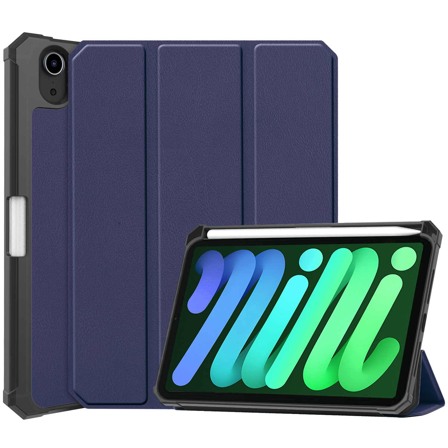 BASEY. Hoesje Geschikt voor iPad Mini 6 Hoes Case Tablet Hoesje Tri-fold Met Uitsparing Geschikt voor Apple Pencil - Hoes Geschikt voor iPad Mini 6 Hoesje Hard Cover Bookcase Hoes - Donkerblauw