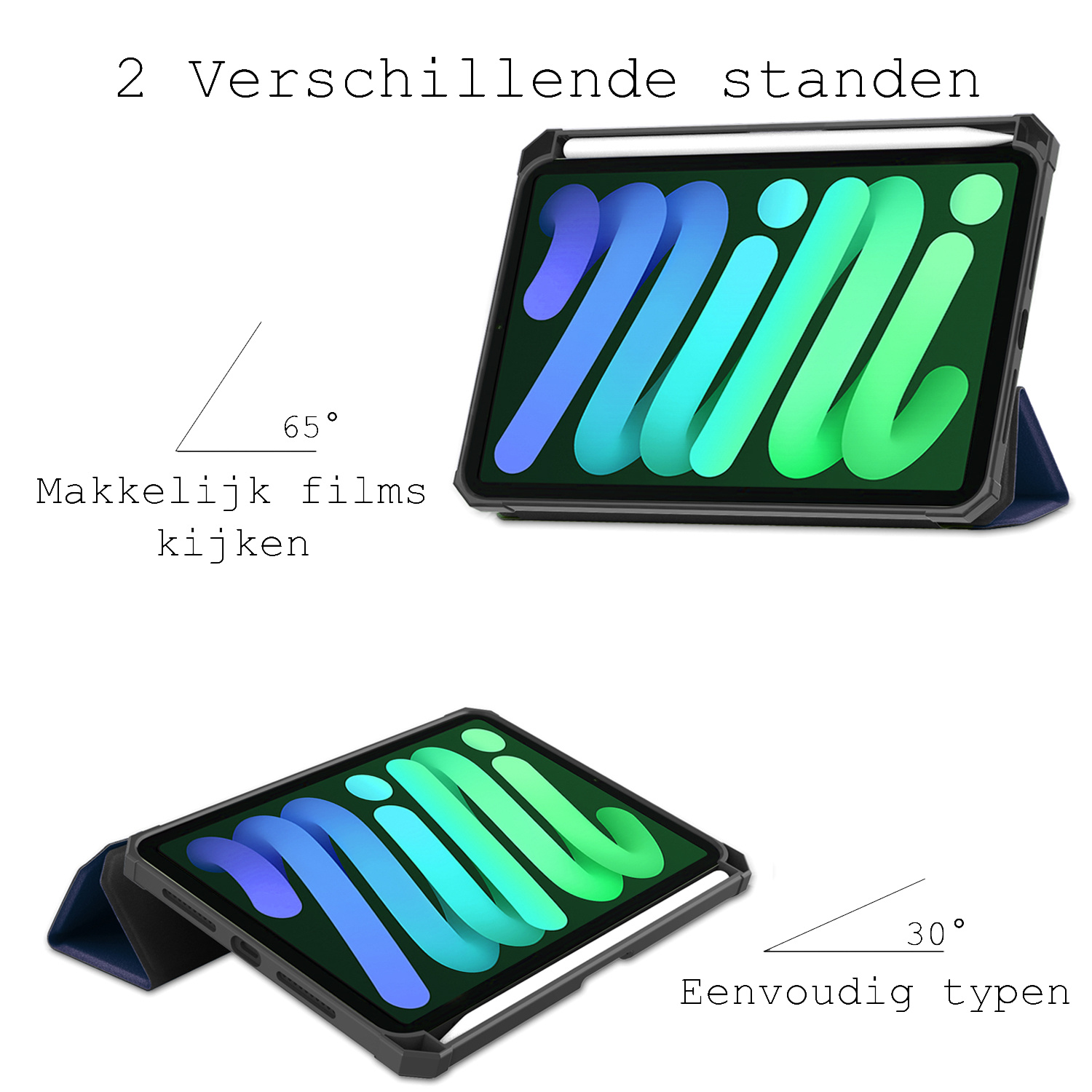 BASEY. Hoesje Geschikt voor iPad Mini 6 Hoes Case Tablet Hoesje Tri-fold Met Uitsparing Geschikt voor Apple Pencil - Hoes Geschikt voor iPad Mini 6 Hoesje Hard Cover Bookcase Hoes - Donkerblauw